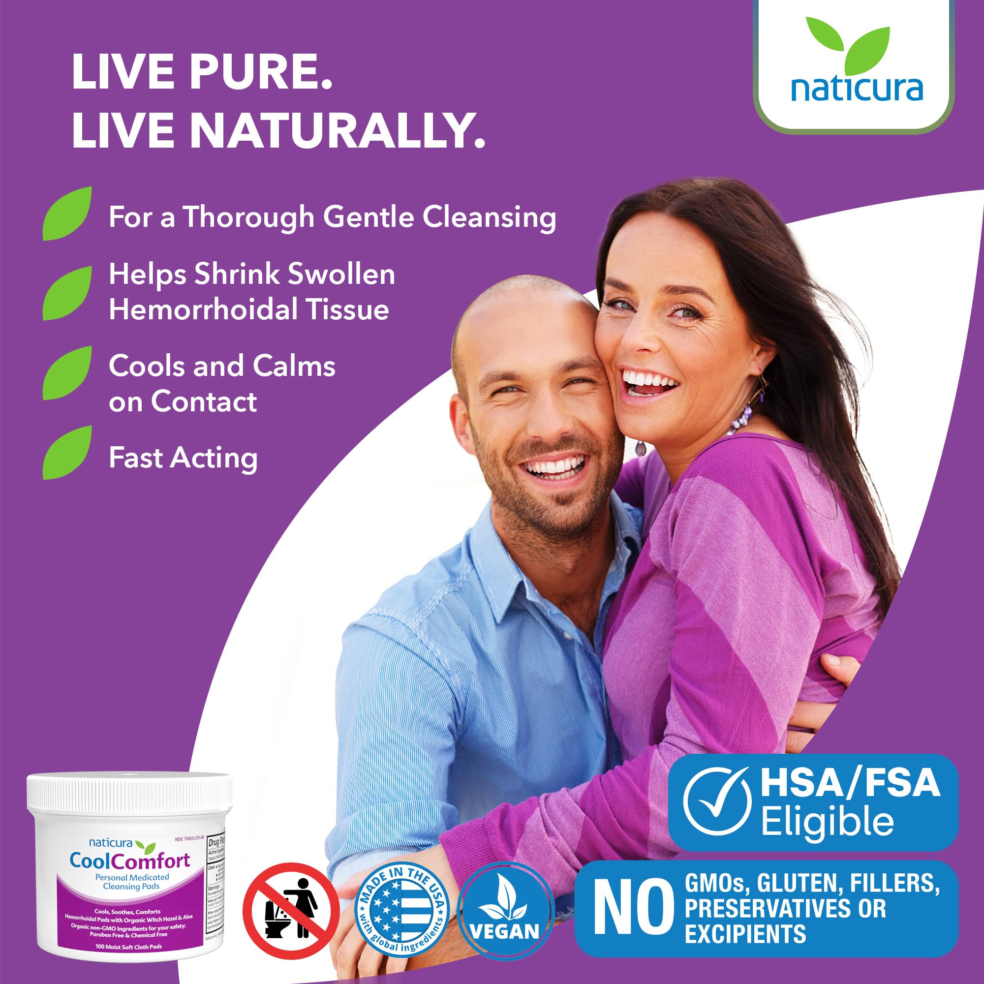 CoolComfort Personal Cleansing Pads with Organic Witch Hazel and Aloe Vera - All Natural and Fast Acting Wipes for Hemorrhoid Burning, Itching, Pain and Swelling - 100 Pads - No Parabens - Made in USA - TrustMedUSA