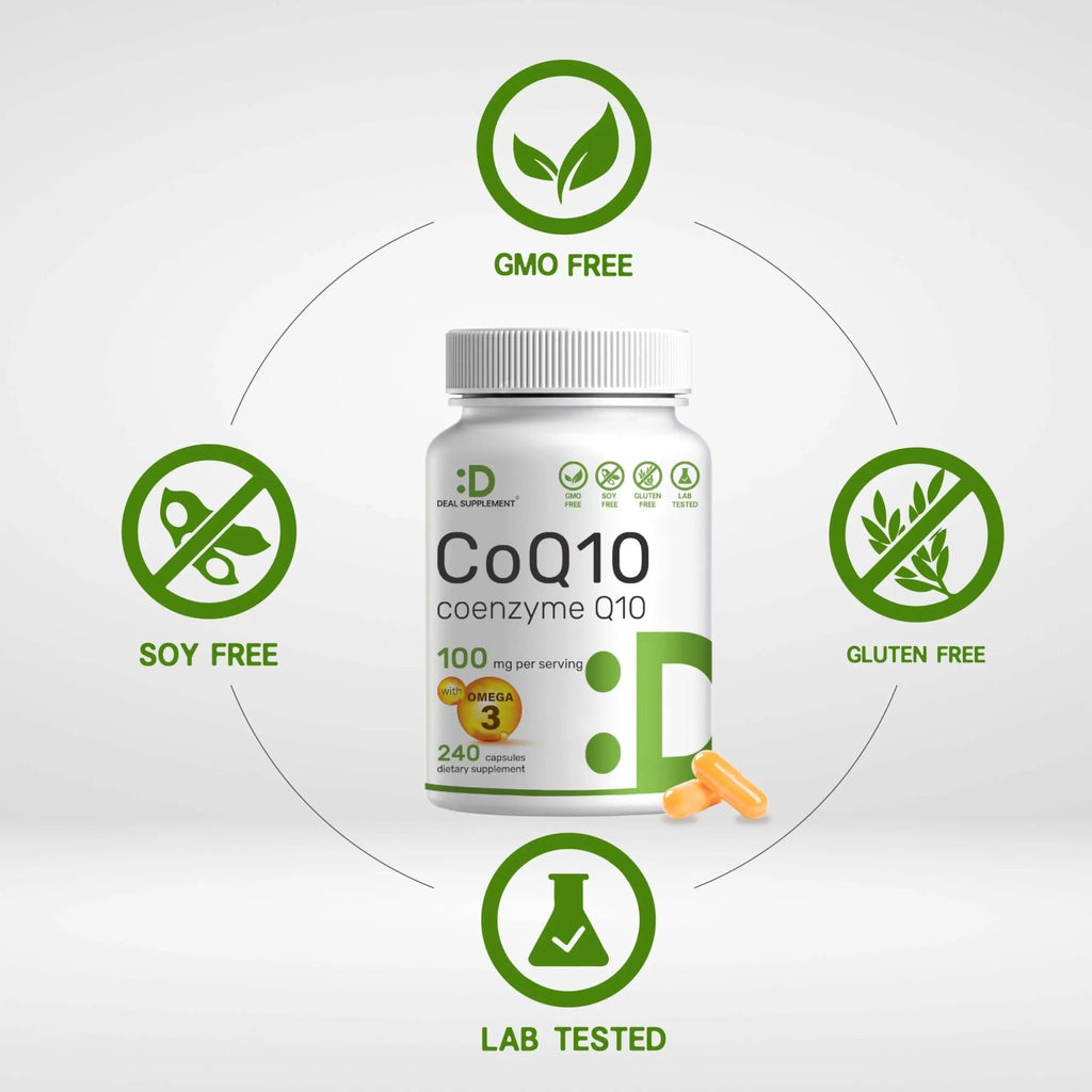 CoQ10 100mg, 240 Capsules – with Omega 3 Fatty Acid 100mg – Bioavailable Coenzyme - TrustMedUSA