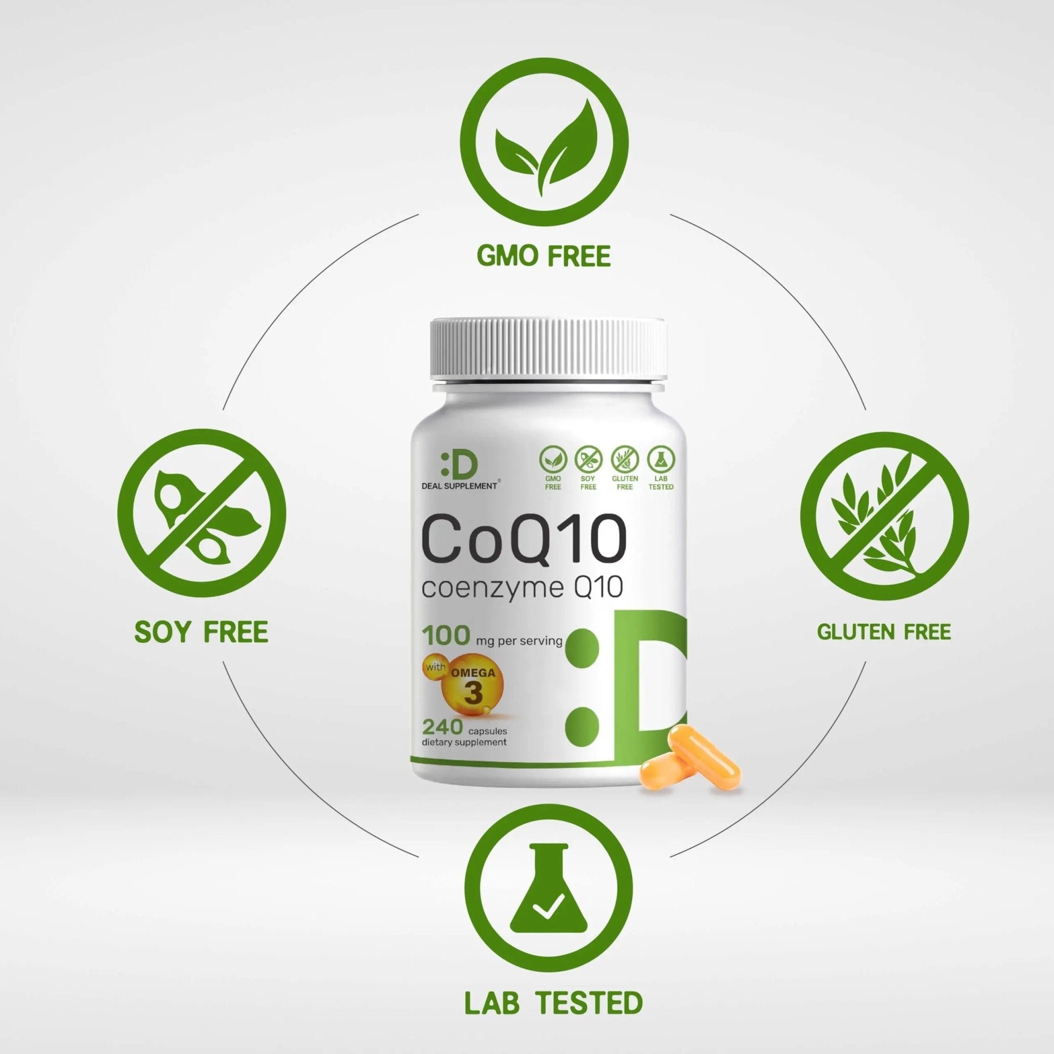 CoQ10 100mg, 240 Capsules – with Omega 3 Fatty Acid 100mg – Bioavailable Coenzyme - TrustMedUSA