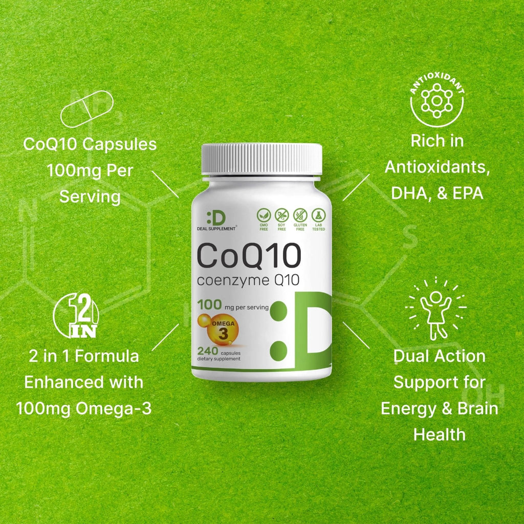 CoQ10 100mg, 240 Capsules – with Omega 3 Fatty Acid 100mg – Bioavailable Coenzyme - TrustMedUSA