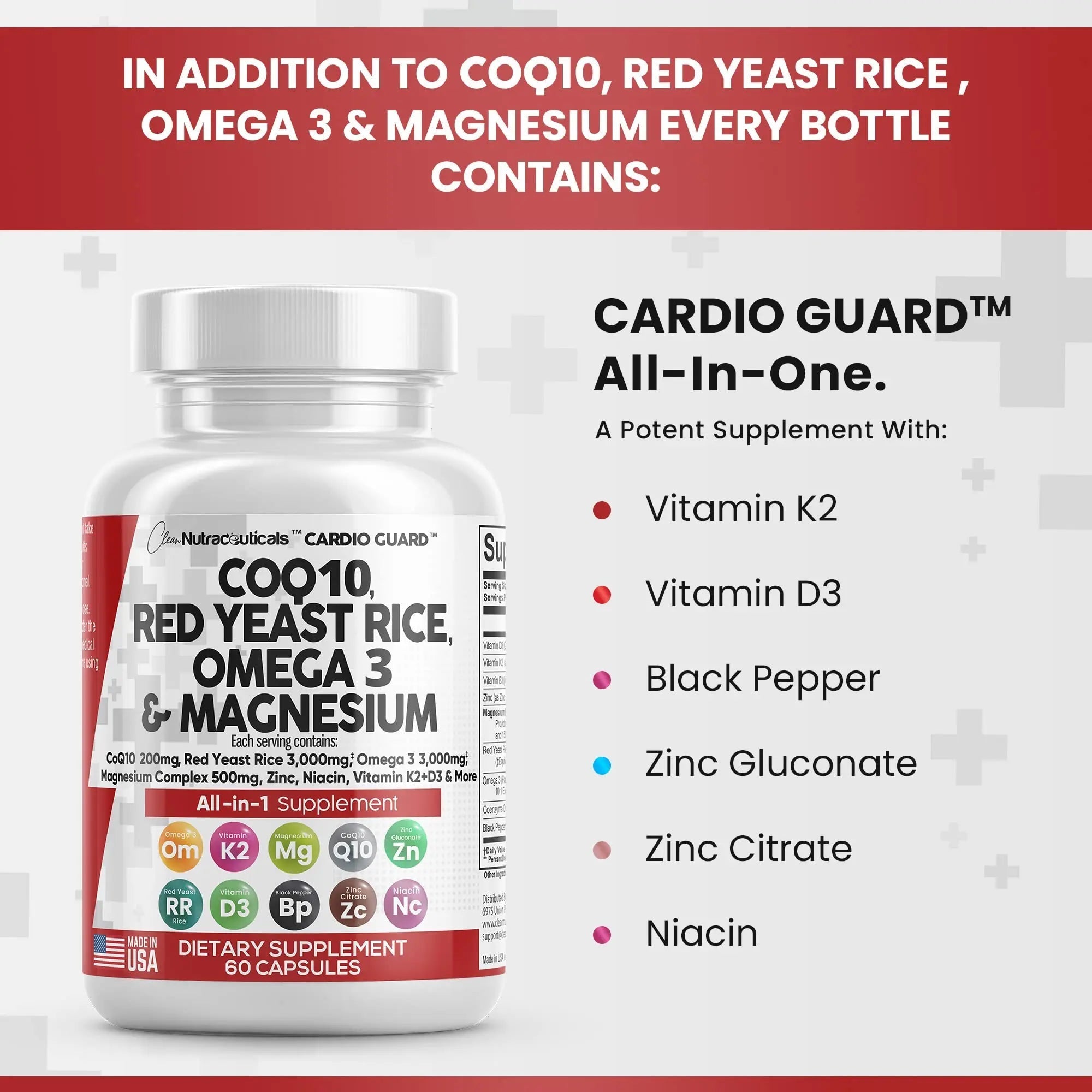 COQ10 200mg Red Yeast Rice 3000mg Omega 3 3000mg Magnesium - TrustMedUSA