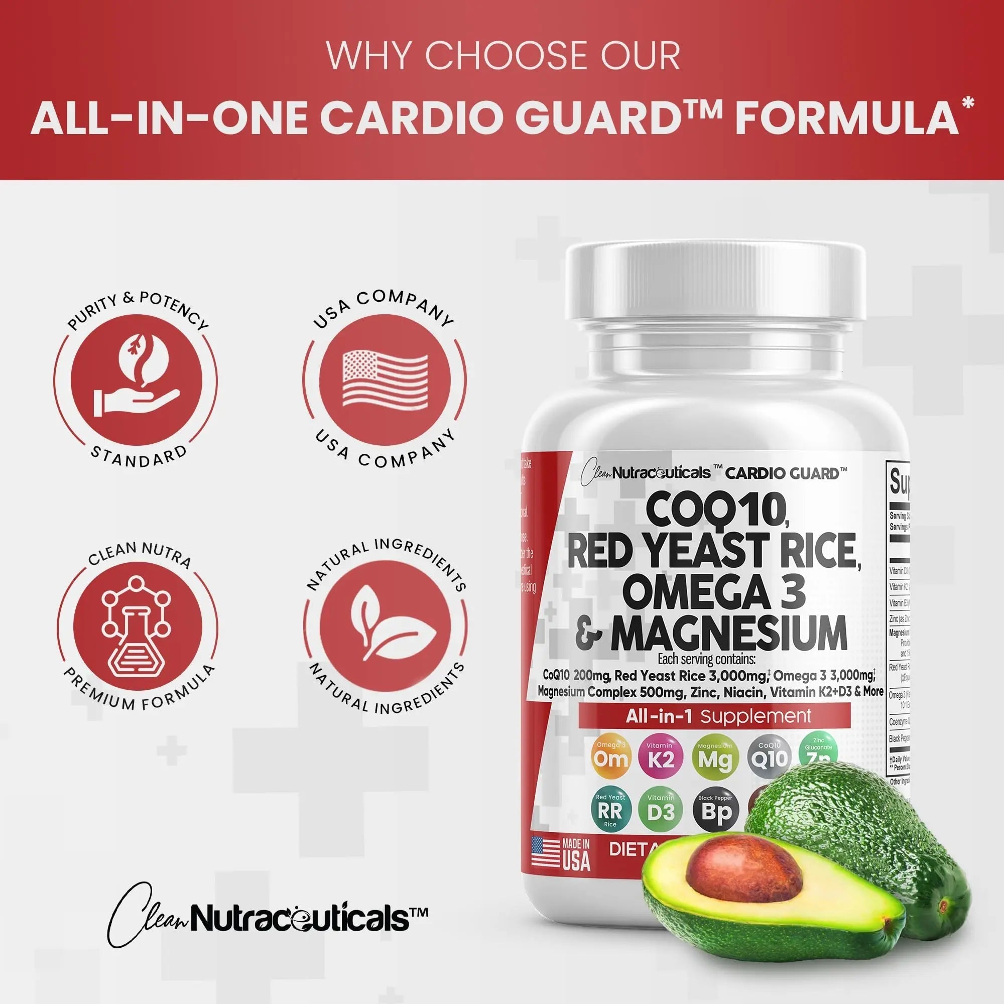 COQ10 200mg Red Yeast Rice 3000mg Omega 3 3000mg Magnesium - TrustMedUSA