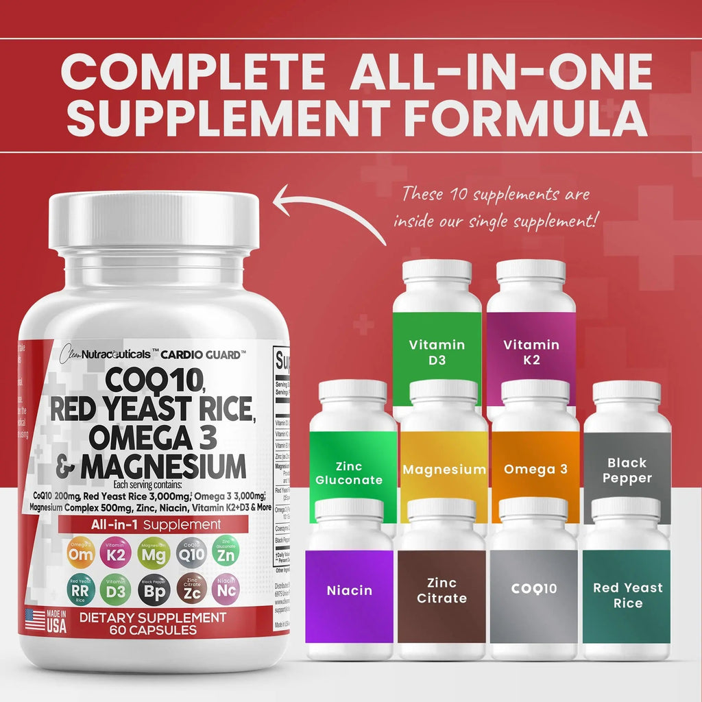 COQ10 200mg Red Yeast Rice 3000mg Omega 3 3000mg Magnesium - TrustMedUSA