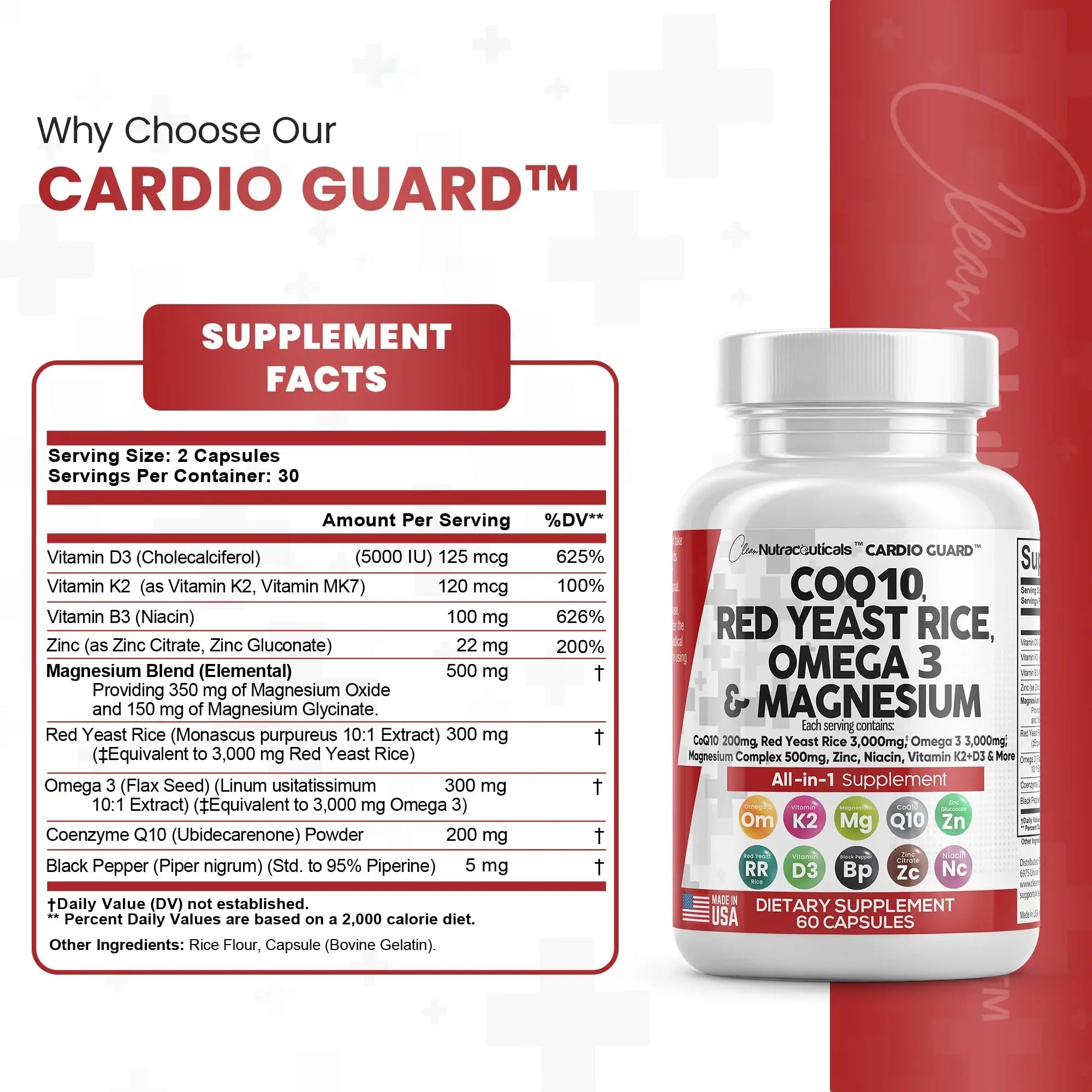 COQ10 200mg Red Yeast Rice 3000mg Omega 3 3000mg Magnesium - TrustMedUSA