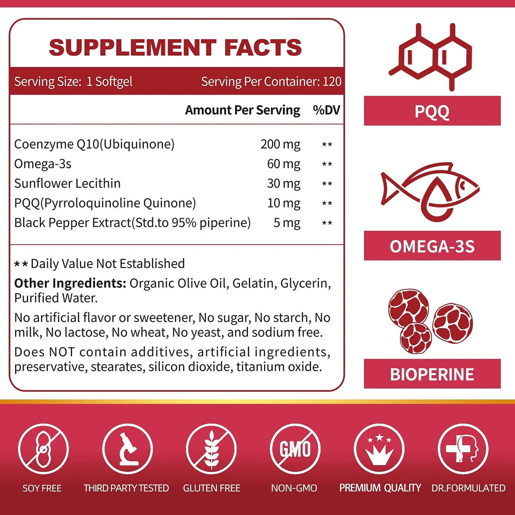 CoQ10-200mg-Softgels with PQQ, BioPerine & Omega-3, 120 Servings Coenzyme Q10 - TrustMedUSA