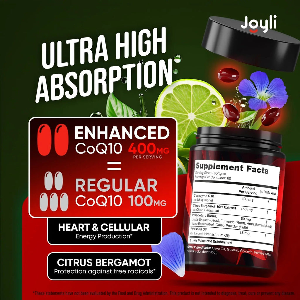 CoQ10 400mg Softgels - High Absorption Co Q10, 400mg Softgels for Heart Health & Energy Production - Enhanced Co Q 10 Supplement with Antioxidants and Flaxseed Oil - CoQ10 400 mg per Serving - TrustMedUSA