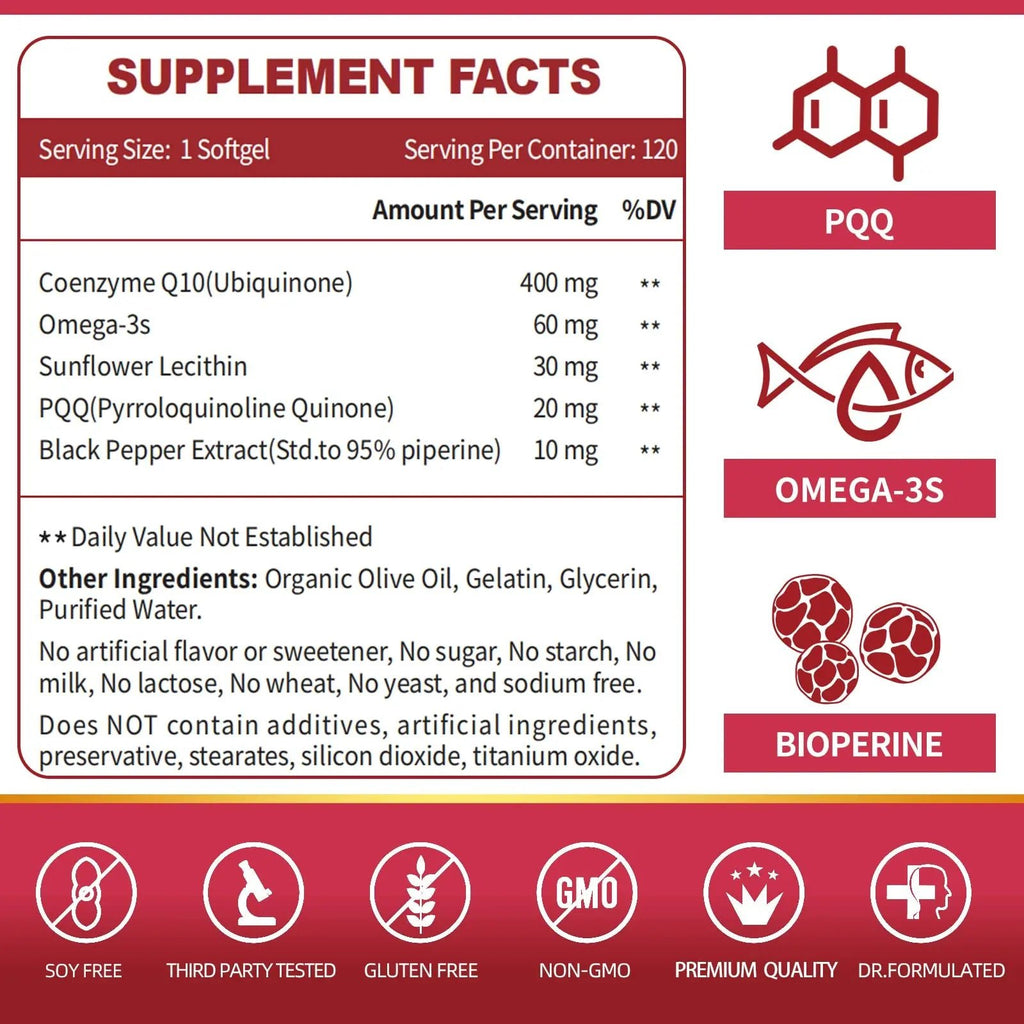 CoQ10-400mg-Softgels with PQQ, BioPerine & Omega-3, Coenzyme Q10(Ubiquinone) - TrustMedUSA