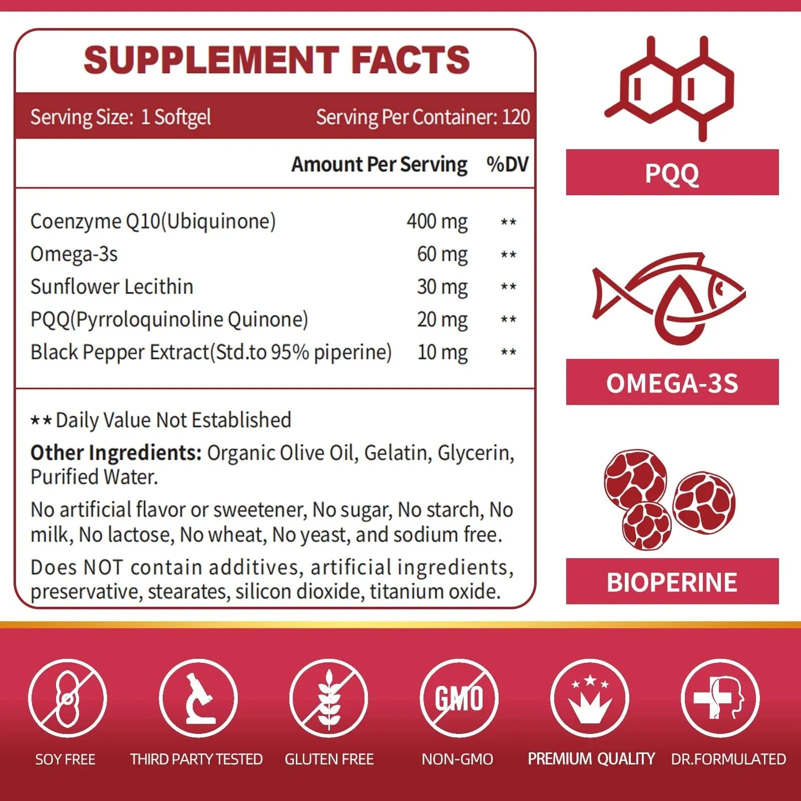 CoQ10-400mg-Softgels with PQQ, BioPerine & Omega-3, Coenzyme Q10(Ubiquinone) - TrustMedUSA