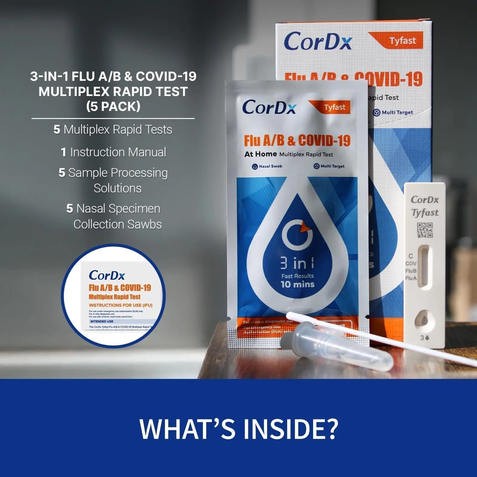 CorDx TyFast at Home Flu A/B & COVID-19 Multiplex Rapid Test Kit, Easy, Accurate, Fast Results in 10 Minutes, 3 in 1 Combo Kit, 5 Tests - TrustMedUSA