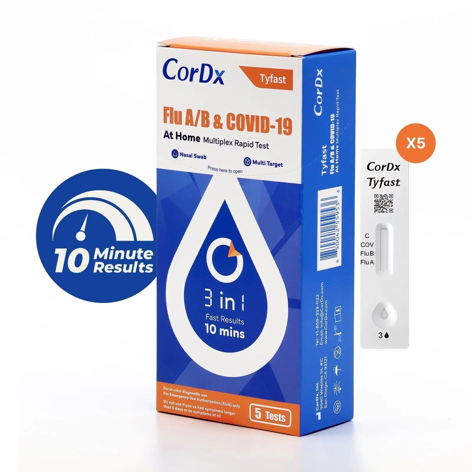 CorDx TyFast at Home Flu A/B & COVID-19 Multiplex Rapid Test Kit, Easy, Accurate, Fast Results in 10 Minutes, 3 in 1 Combo Kit, 5 Tests - TrustMedUSA