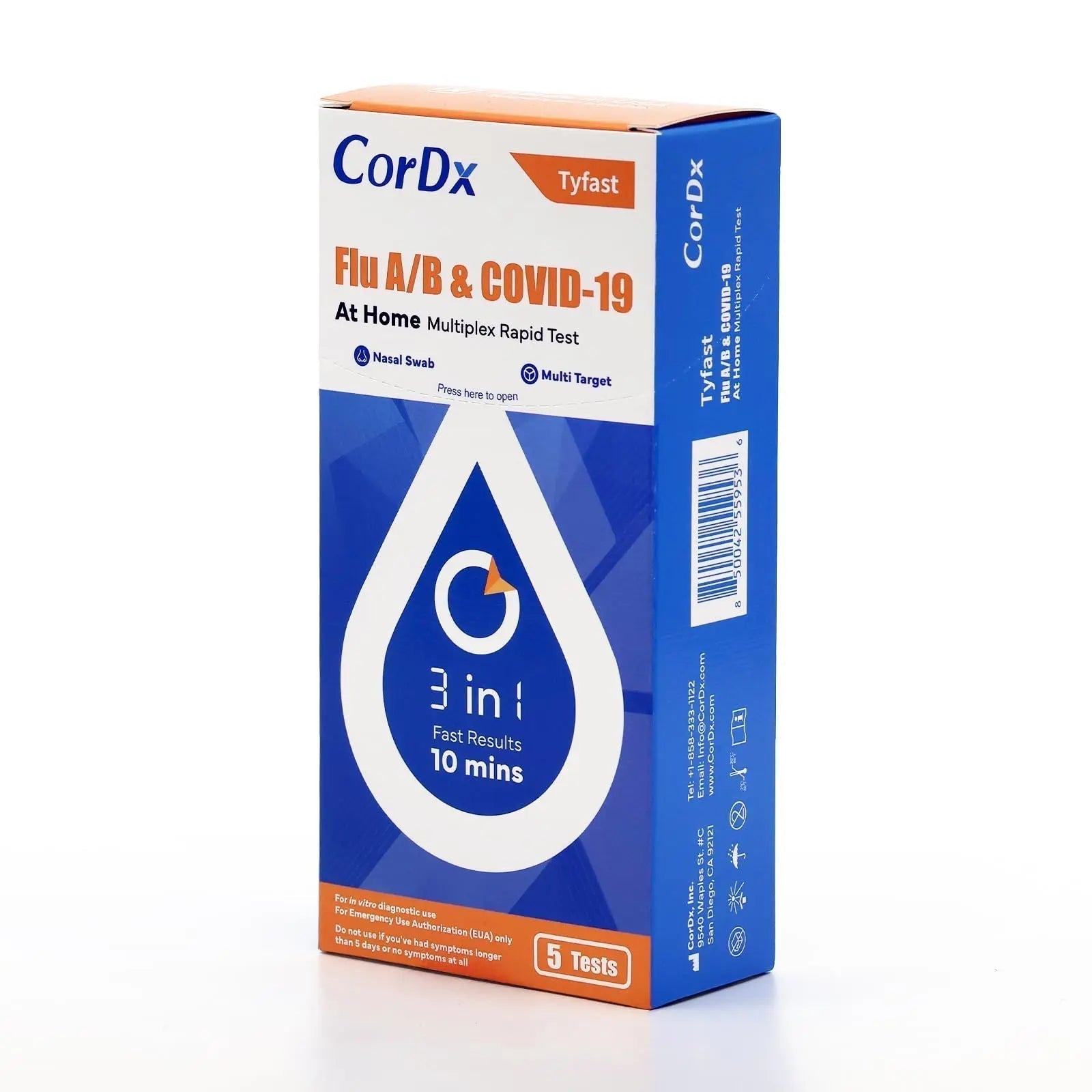 CorDx TyFast at Home Flu A/B & COVID-19 Multiplex Rapid Test Kit, Easy, Accurate, Fast Results in 10 Minutes, 3 in 1 Combo Kit, 5 Tests - TrustMedUSA