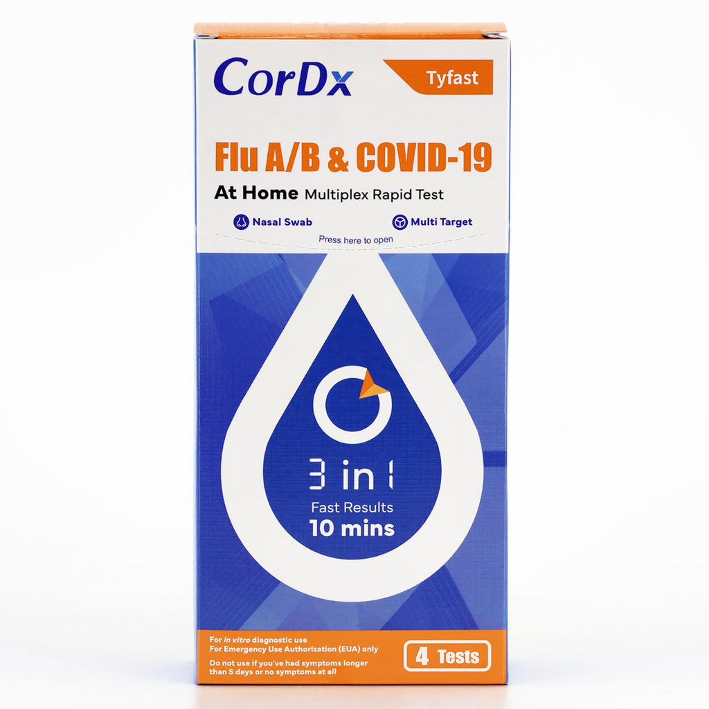 CorDx TyFast Flu A/B & COVID-19 At-Home Multiplex Rapid Test Kit, 3-in-1 Antigen Test, Results in 10 Minutes, EUA Authorized OTC, 4 Tests - Maple Wellness Supplements
