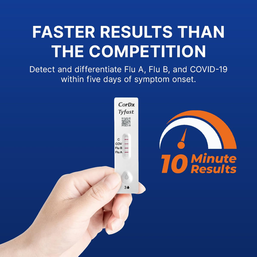 CorDx TyFast Flu A/B & COVID-19 At-Home Multiplex Rapid Test Kit, 3-in-1 Antigen Test, Results in 10 Minutes, EUA Authorized OTC, 4 Tests - Maple Wellness Supplements