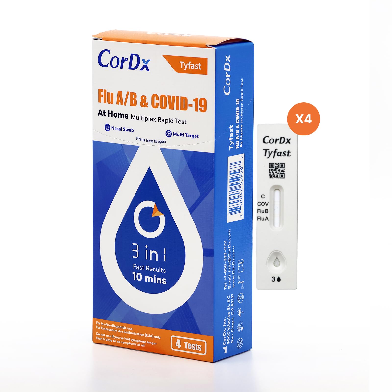 CorDx TyFast Flu A/B & COVID-19 At-Home Multiplex Rapid Test Kit, 3-in-1 Antigen Test, Results in 10 Minutes, EUA Authorized OTC, 4 Tests - Maple Wellness Supplements