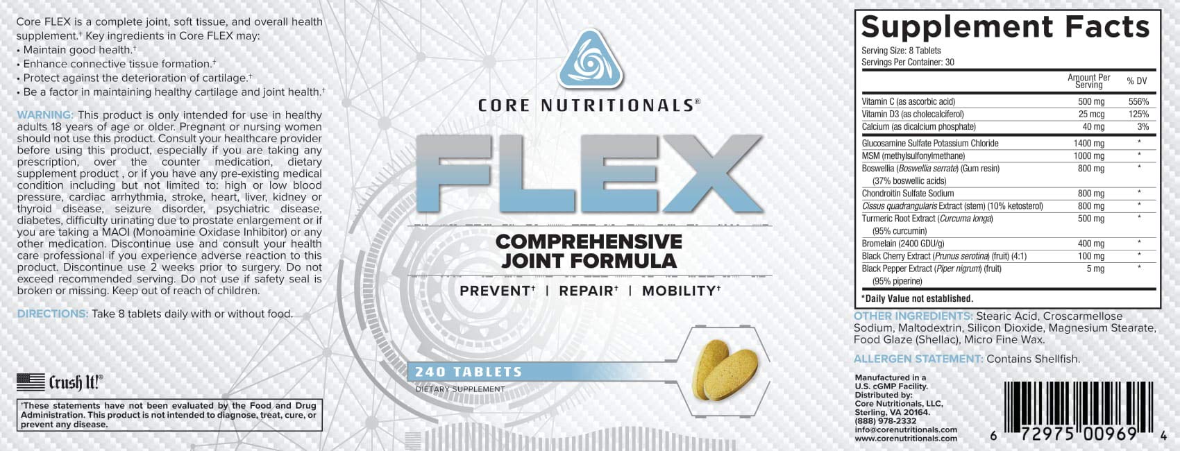 Core Nutritionals Flex Comprehensive Joint Formula | Promotes Healthy Tendons, Ligaments, & Cartilage | Improve Mobility | Antioxidants for Recovery | 240 Tablets - TrustMedUSA