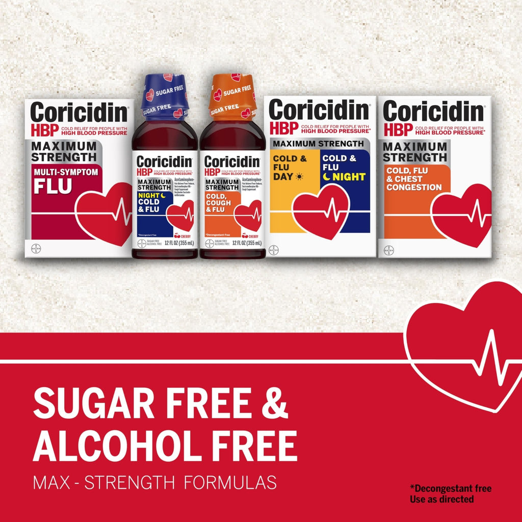 Coricidin HBP, Decongestant-Free Cold Symptom Relief for People with High Blood Pressure, Maximum Strength, Flu & Chest Congestion Liquid Gels, 24 Count - Maple Wellness Supplements