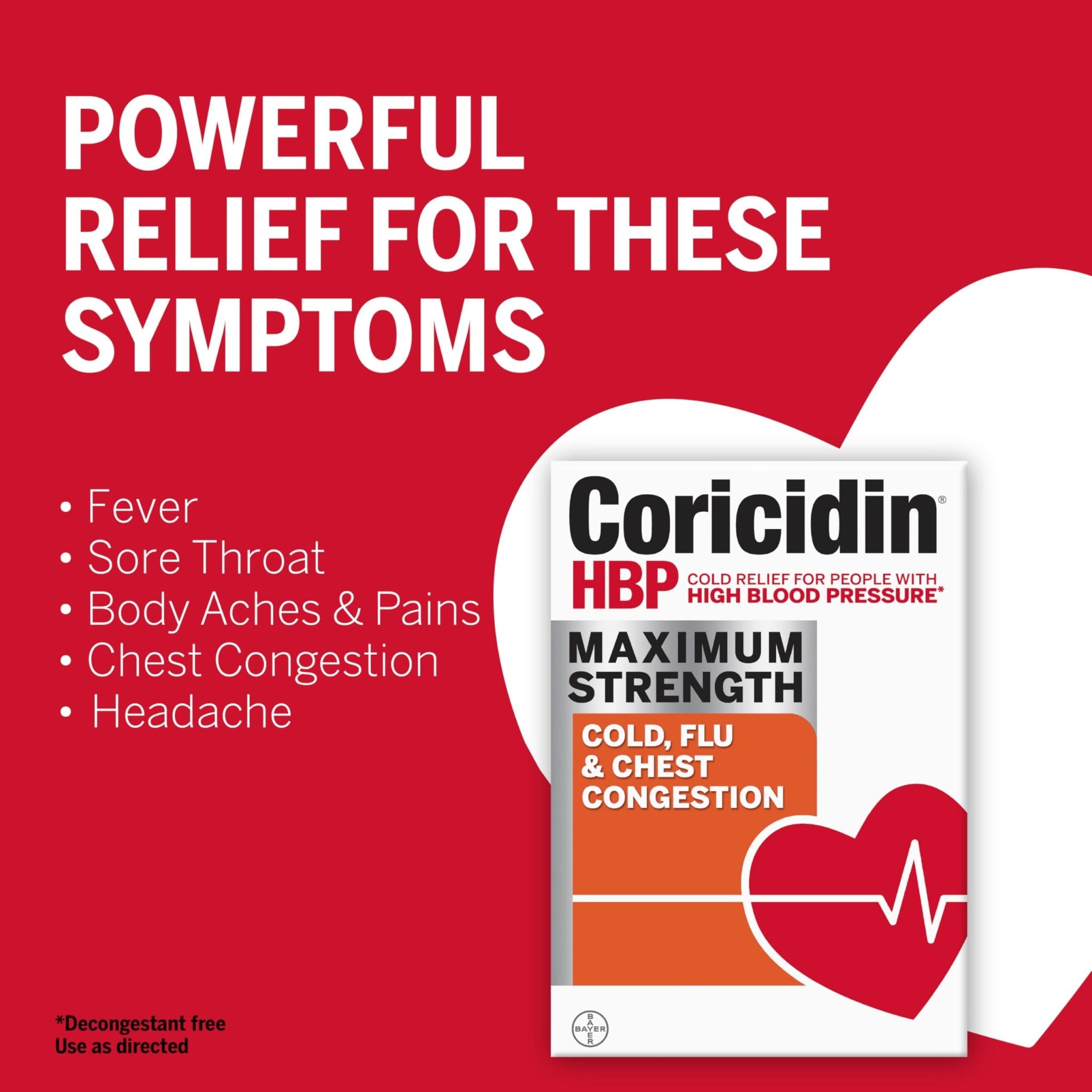 Coricidin HBP, Decongestant-Free Cold Symptom Relief for People with High Blood Pressure, Maximum Strength, Flu & Chest Congestion Liquid Gels, 24 Count - Maple Wellness Supplements