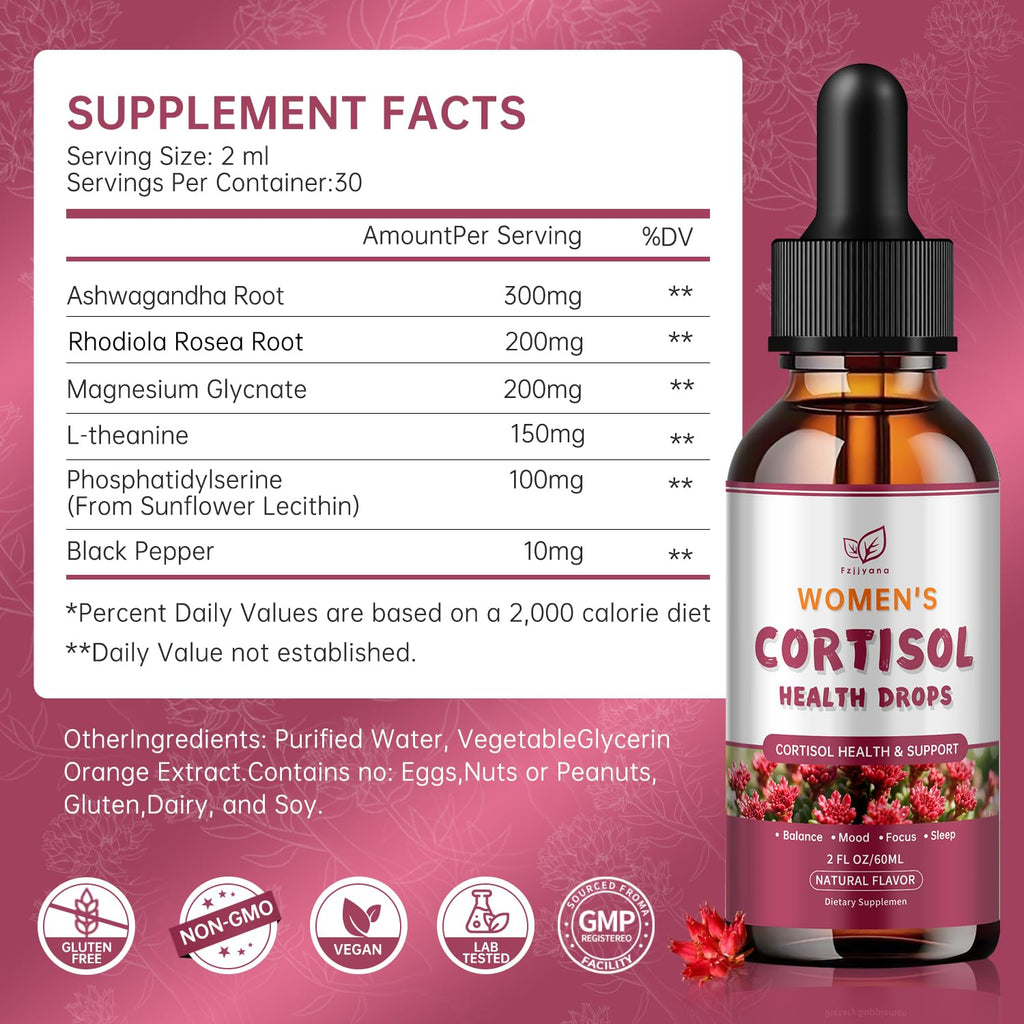 Cortisol Manager Liquid Drops, Cortisol Supplements for Women, with magnesium ashwagandha, rhodiola rosea,l-theanine,Phosphatidylserine-Promote Relaxation and Support Mood- 30 Day Vegan Supply - TrustMedUSA