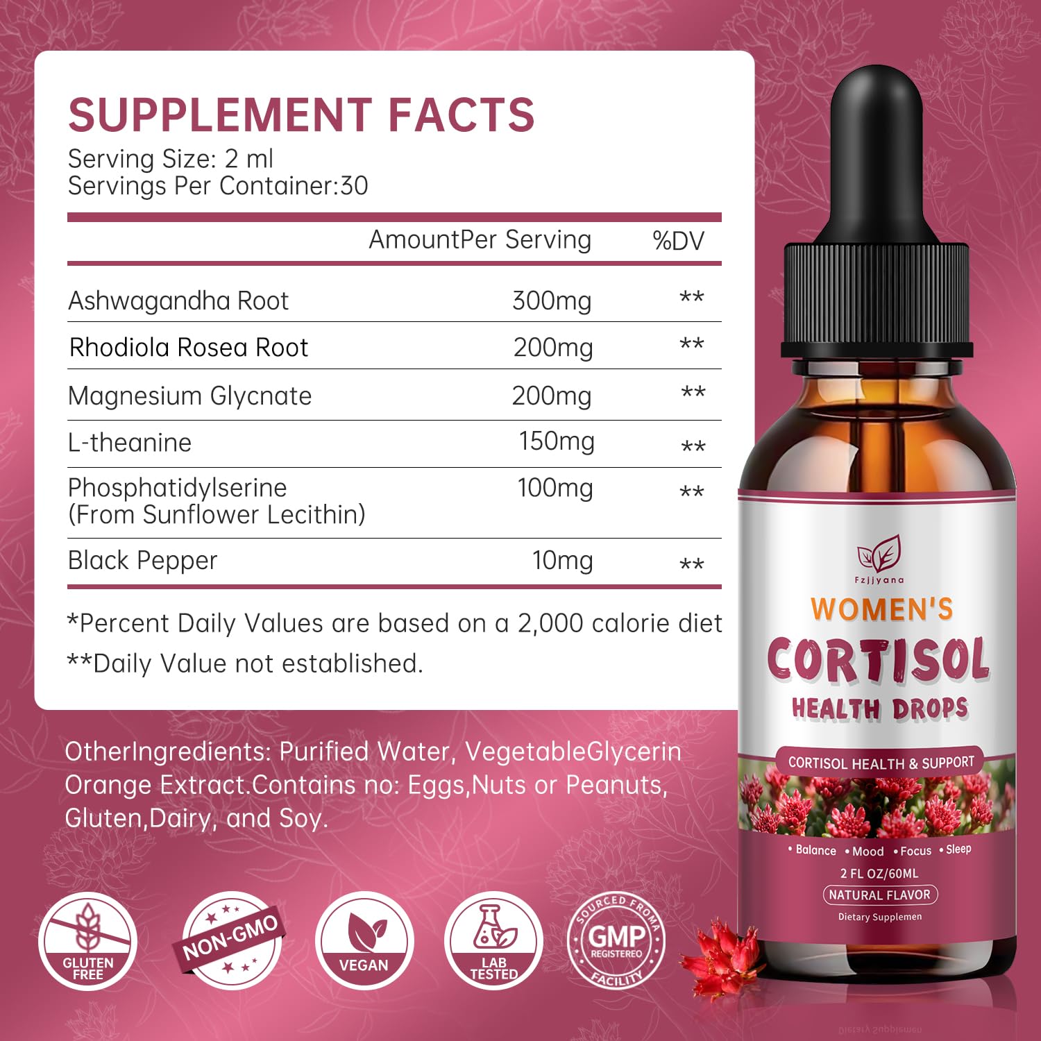 Cortisol Manager Liquid Drops, Cortisol Supplements for Women, with magnesium ashwagandha, rhodiola rosea,l-theanine,Phosphatidylserine-Promote Relaxation and Support Mood- 30 Day Vegan Supply - TrustMedUSA