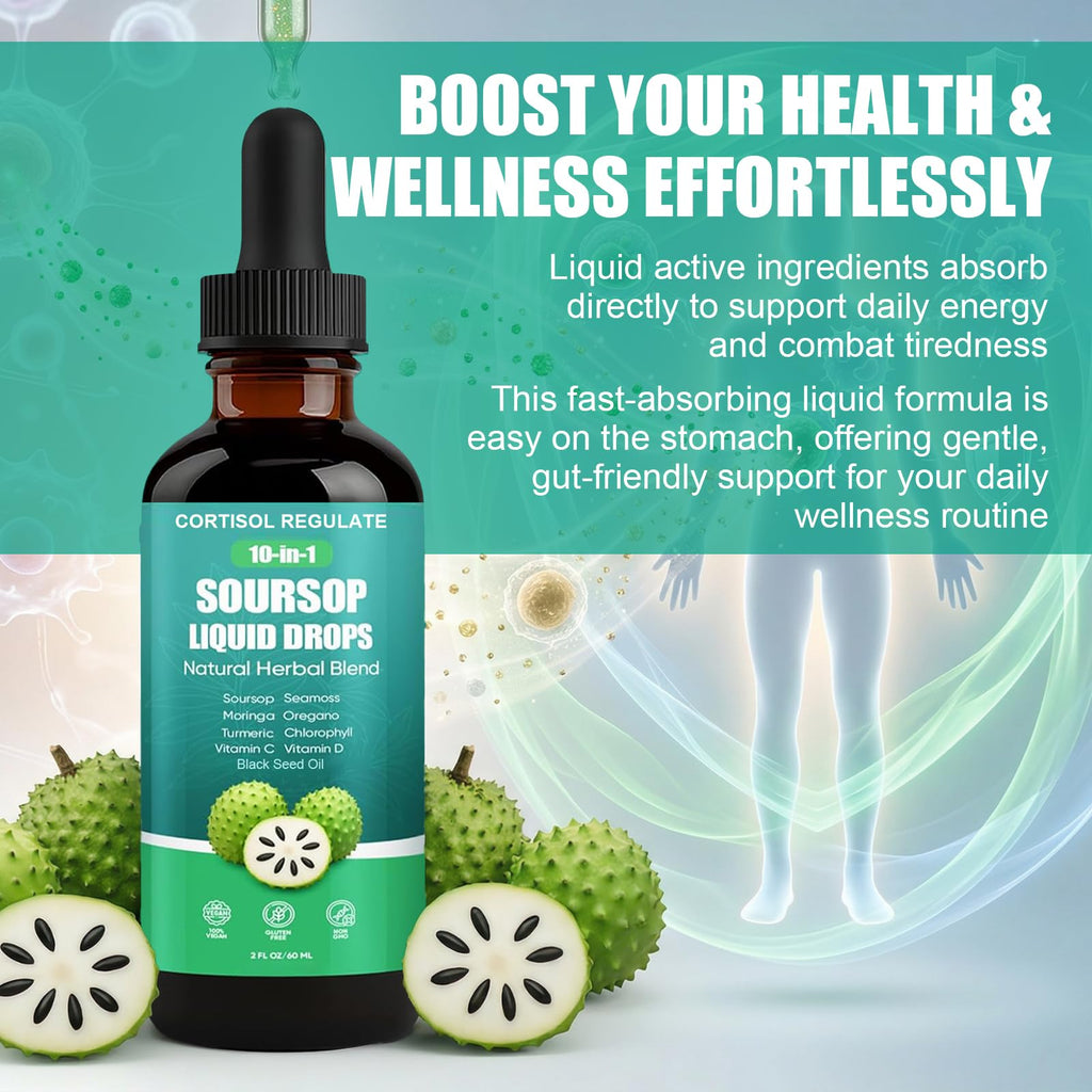 CORTISOL REGULATE Soursop Liquid Drops, 10-in-1 Blend with Sea Moss, Moringa, Turmeric, Black Seed Oil, Oregano, and More, 2 fl oz (1 Pack) - TrustMedUSA