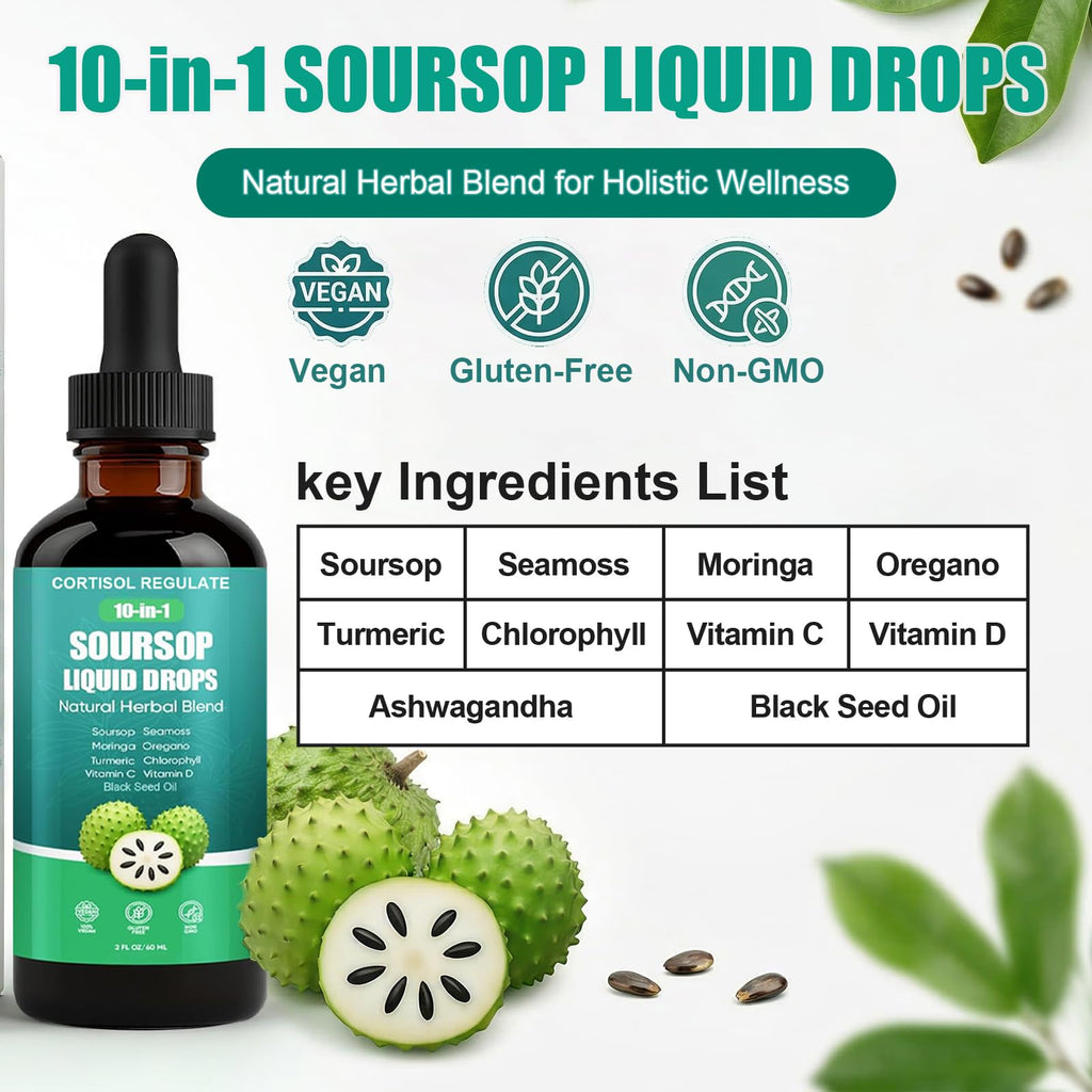 CORTISOL REGULATE Soursop Liquid Drops, 10-in-1 Blend with Sea Moss, Moringa, Turmeric, Black Seed Oil, Oregano, and More, 2 fl oz (1 Pack) - TrustMedUSA