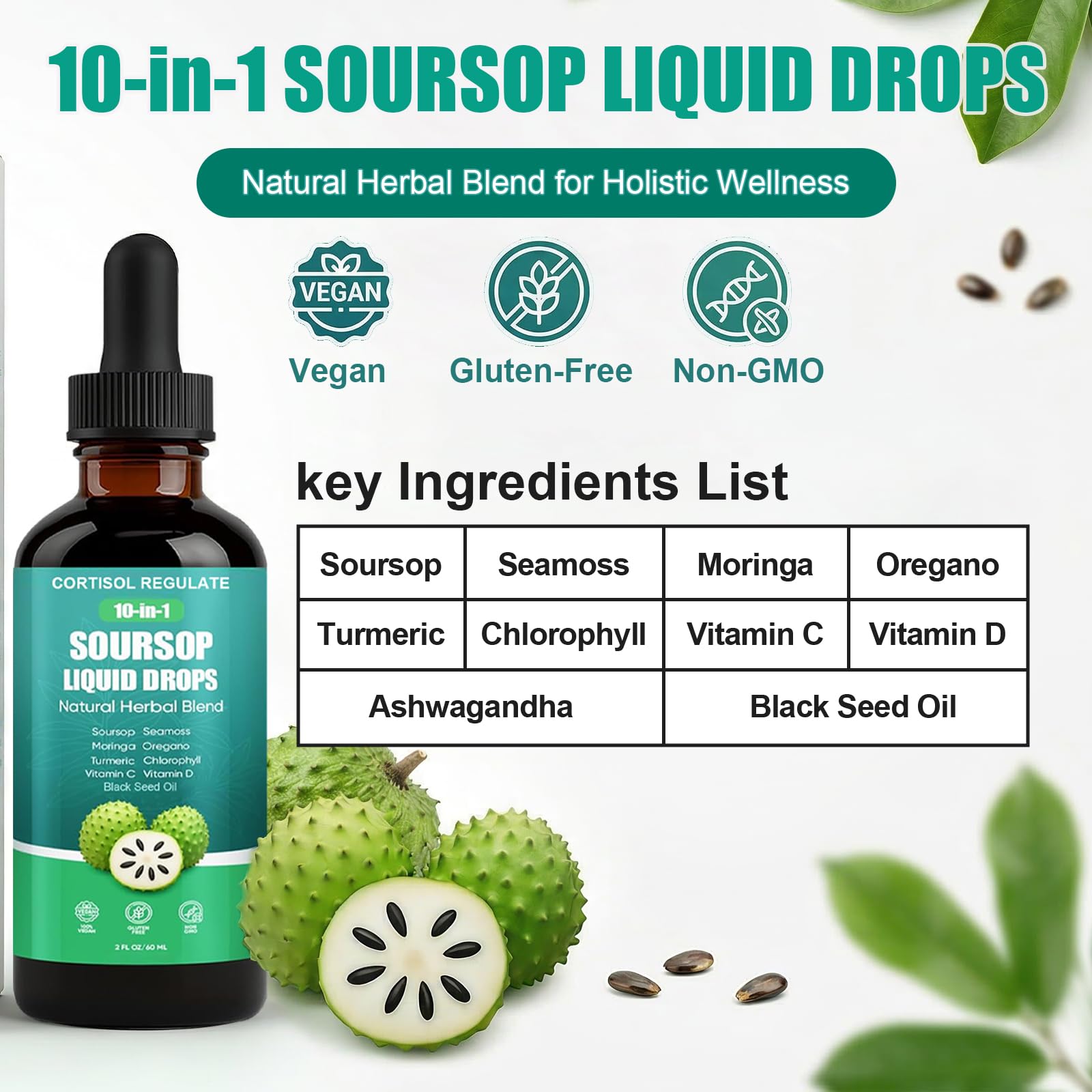 CORTISOL REGULATE Soursop Liquid Drops, 10-in-1 Blend with Sea Moss, Moringa, Turmeric, Black Seed Oil, Oregano, and More, 2 fl oz (1 Pack) - TrustMedUSA
