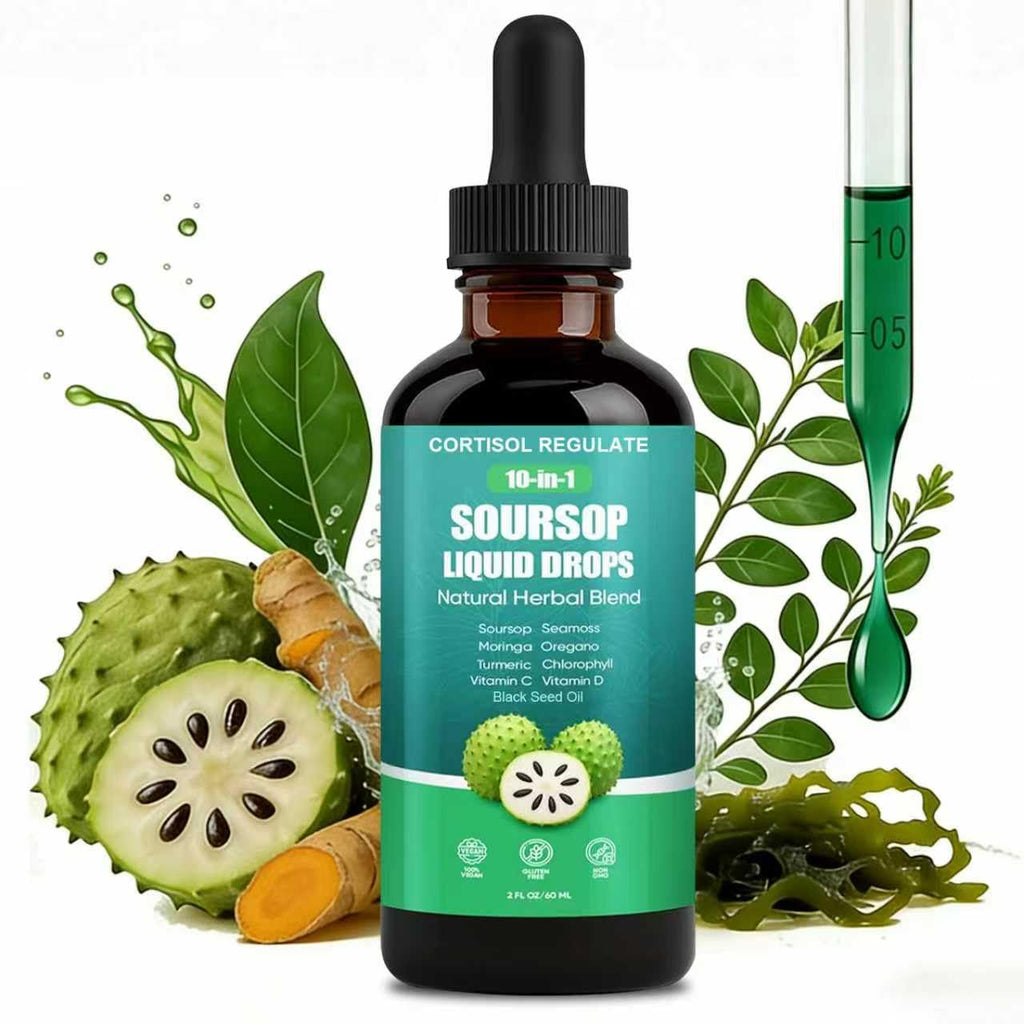 CORTISOL REGULATE Soursop Liquid Drops, 10-in-1 Blend with Sea Moss, Moringa, Turmeric, Black Seed Oil, Oregano, and More, 2 fl oz (1 Pack) - TrustMedUSA