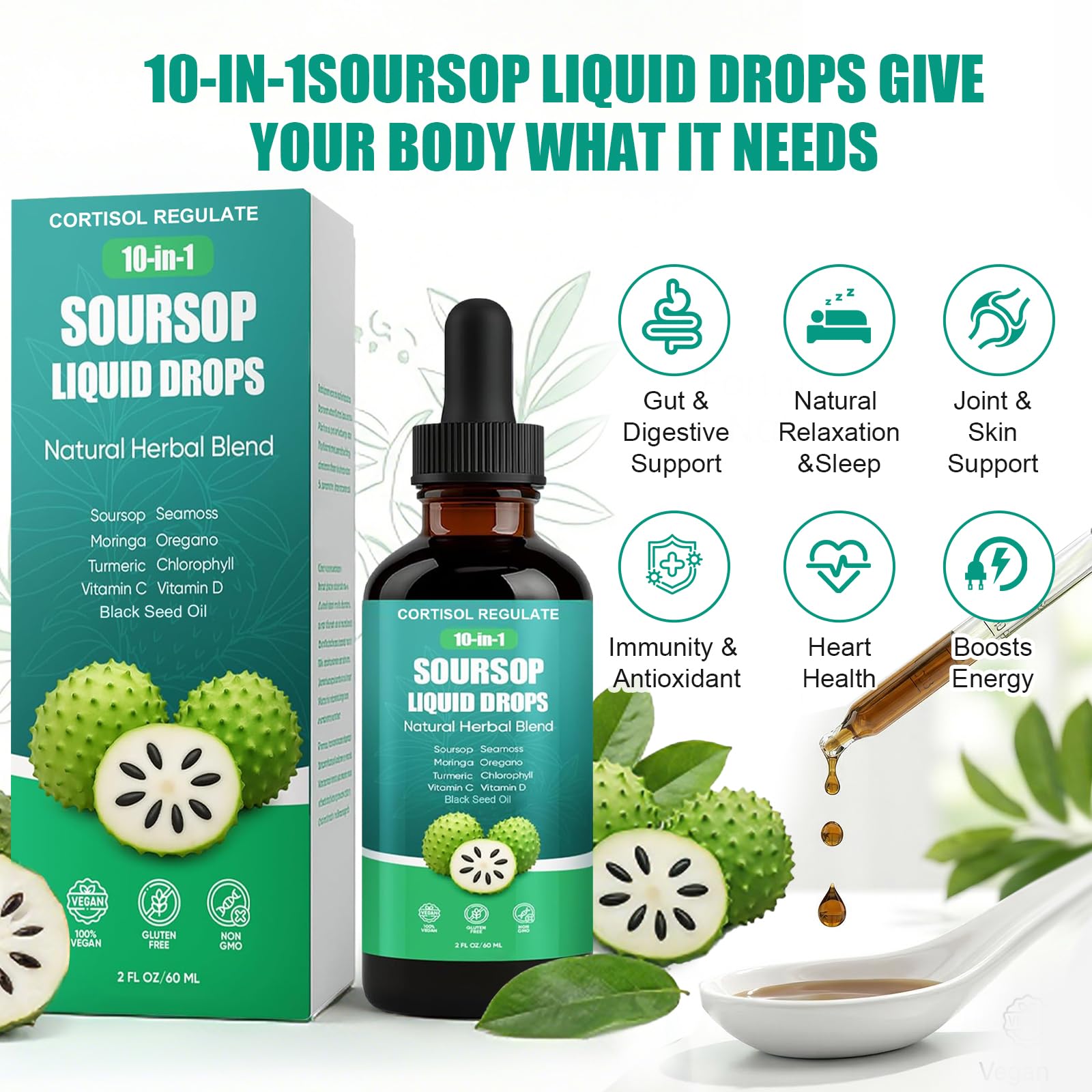CORTISOL REGULATE Soursop Liquid Drops, 10-in-1 Blend with Sea Moss, Moringa, Turmeric, Black Seed Oil, Oregano, and More, 2 fl oz (1 Pack) - TrustMedUSA