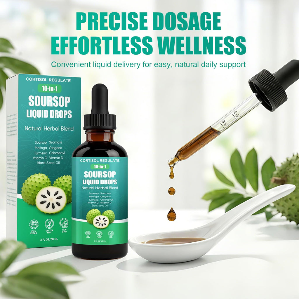 CORTISOL REGULATE Soursop Liquid Drops, 10-in-1 Blend with Sea Moss, Moringa, Turmeric, Black Seed Oil, Oregano, and More, 2 fl oz (1 Pack) - TrustMedUSA