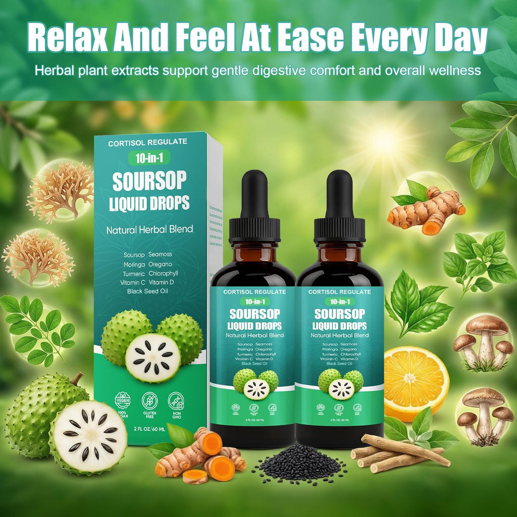 CORTISOL REGULATE Soursop Liquid Drops, 10-in-1 Blend with Sea Moss, Moringa, Turmeric, Black Seed Oil, Oregano, and More, 2 fl oz (1 Pack) - TrustMedUSA