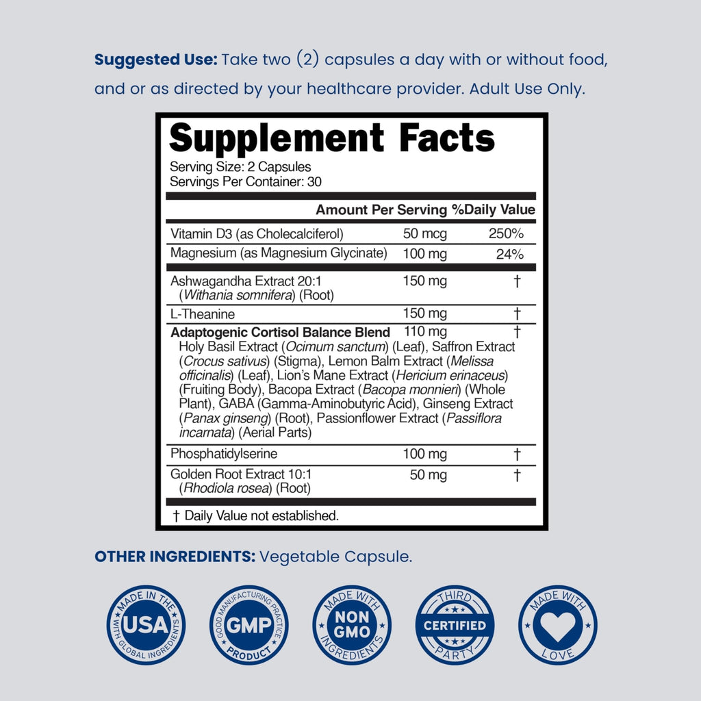 Cortisol Supplements for Women & Men with 14 in1 Blend (Magnesium, Ashwagandha, L Theanine & More) Healthy Cortisol Balance & Calm Mood Support - Third Party Tested, Non GMO, USA Made - 60 Count - TrustMedUSA