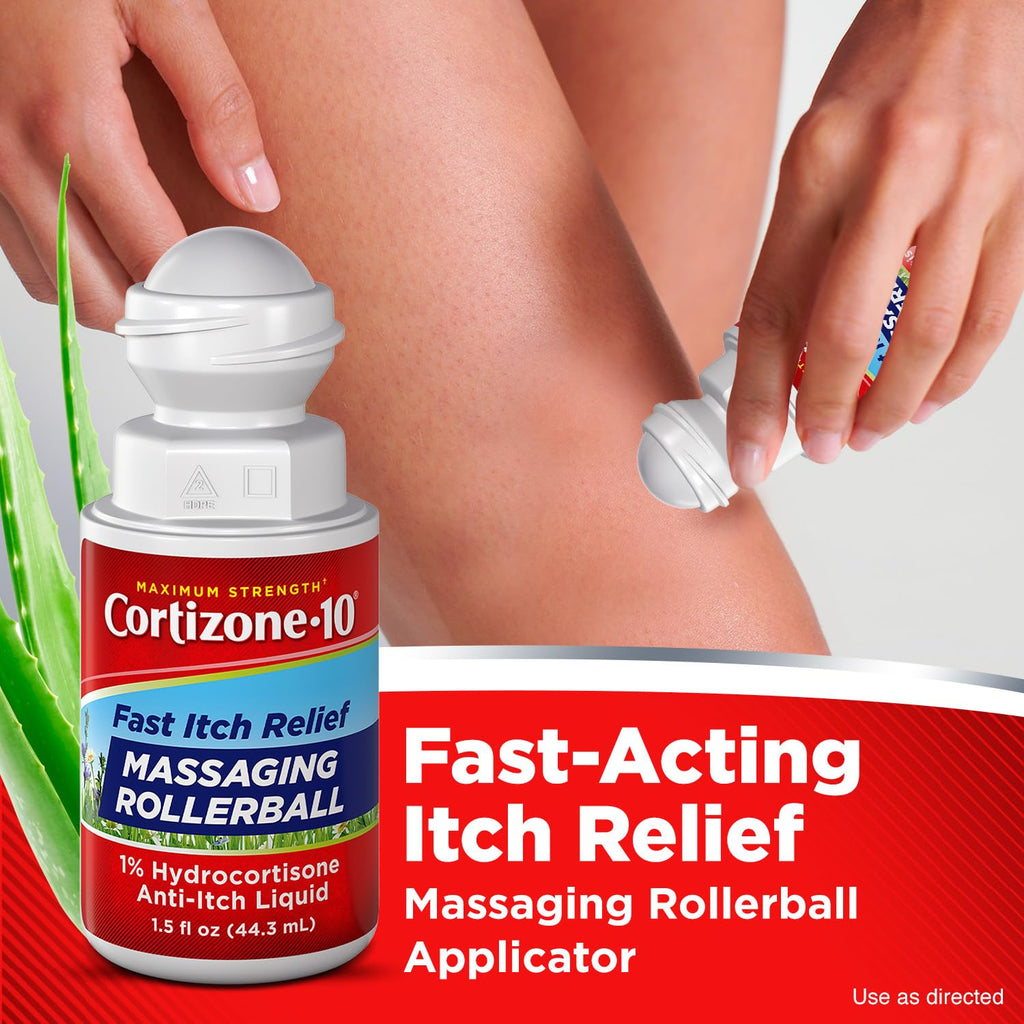 Cortizone-10 Maximum Strength Itch Relief Massaging Rollerball, 1% Hydrocortisone, Fast-Acting, Anti-Itch Liquid for Bug Bites, Rash, Eczema, Psoriasis, Poison Ivy, Oak, Sumac, 1.5 fl. oz - TrustMedUSA