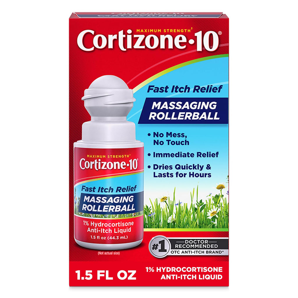 Cortizone-10 Maximum Strength Itch Relief Massaging Rollerball, 1% Hydrocortisone, Fast-Acting, Anti-Itch Liquid for Bug Bites, Rash, Eczema, Psoriasis, Poison Ivy, Oak, Sumac, 1.5 fl. oz - TrustMedUSA
