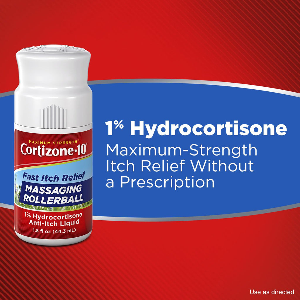 Cortizone-10 Maximum Strength Itch Relief Massaging Rollerball, 1% Hydrocortisone, Fast-Acting, Anti-Itch Liquid for Bug Bites, Rash, Eczema, Psoriasis, Poison Ivy, Oak, Sumac, 1.5 fl. oz - TrustMedUSA