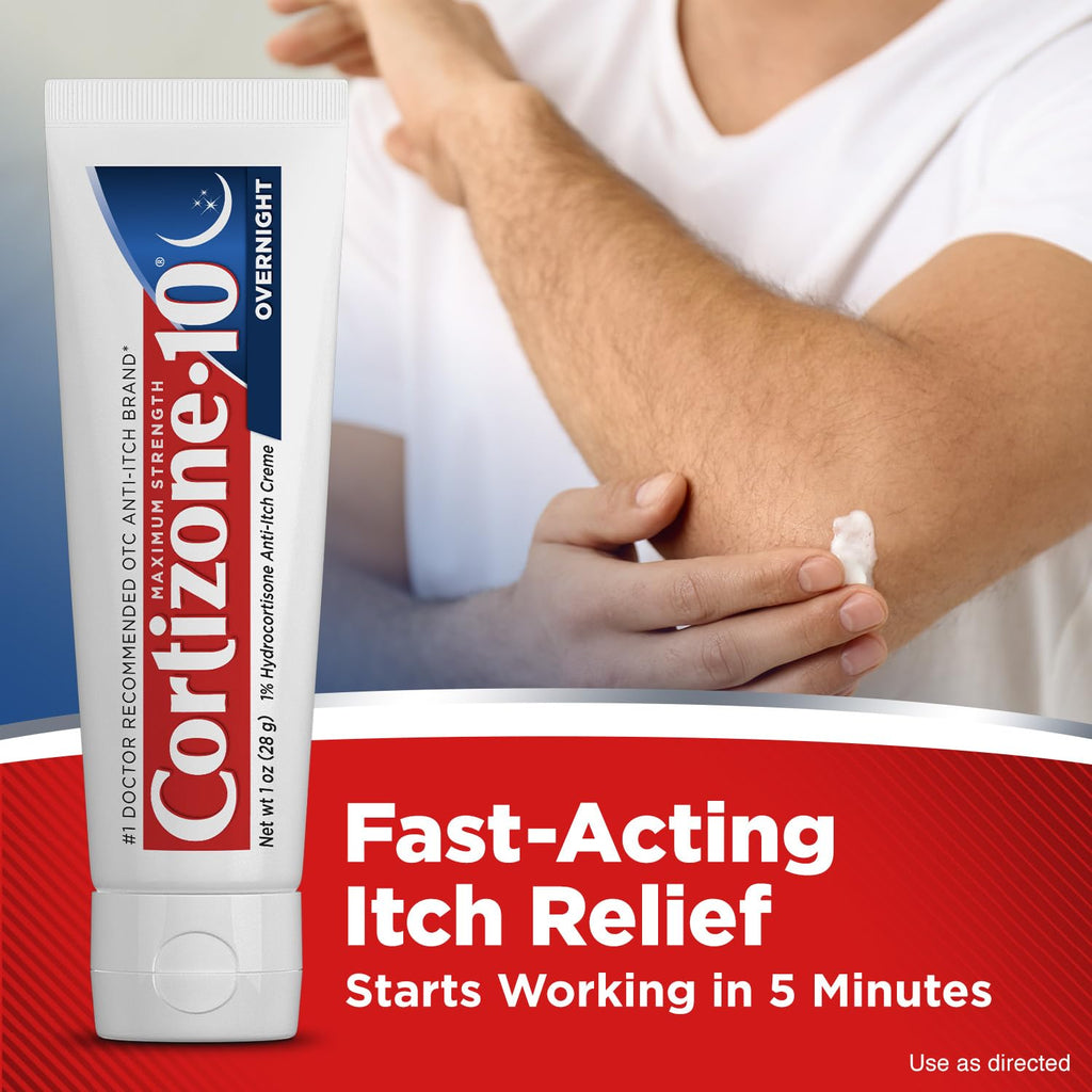 Cortizone-10 Maximum Strength Overnight Itch Relief Cream, 1% Hydrocortisone, Fast-Acting, Lavender Scented Anti-Itch Cream for Bug Bites, Rash, Eczema, Psoriasis, Poison Ivy, Oak, Sumac, 1 oz - TrustMedUSA