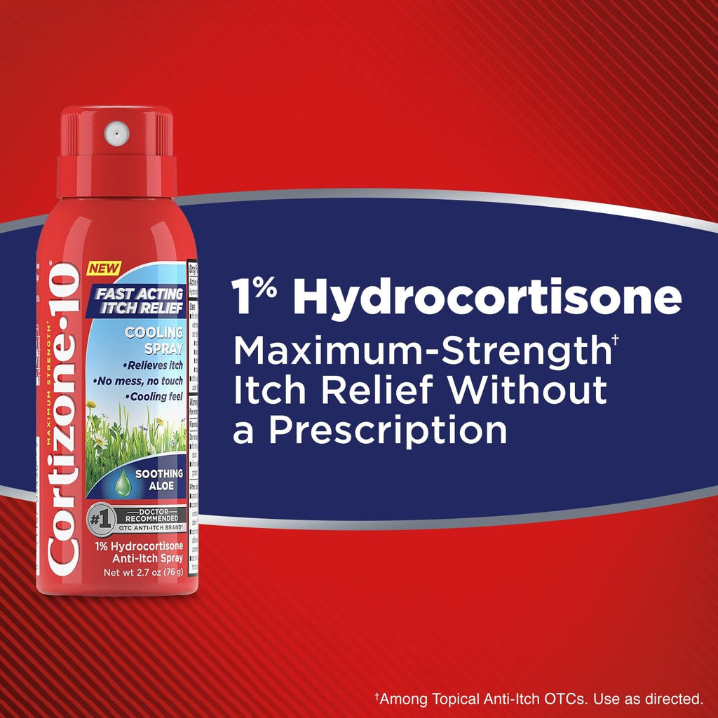 Cortizone-10 Maximum Strength Soothing Aloe Itch Relief Cooling Spray, 1% Hydrocortisone, Fast-Acting, Anti-Itch Spray for Bug Bites, Rash, Eczema, Psoriasis, Poison Ivy, Oak, Sumac, 2.7 oz 3-Pack - TrustMedUSA