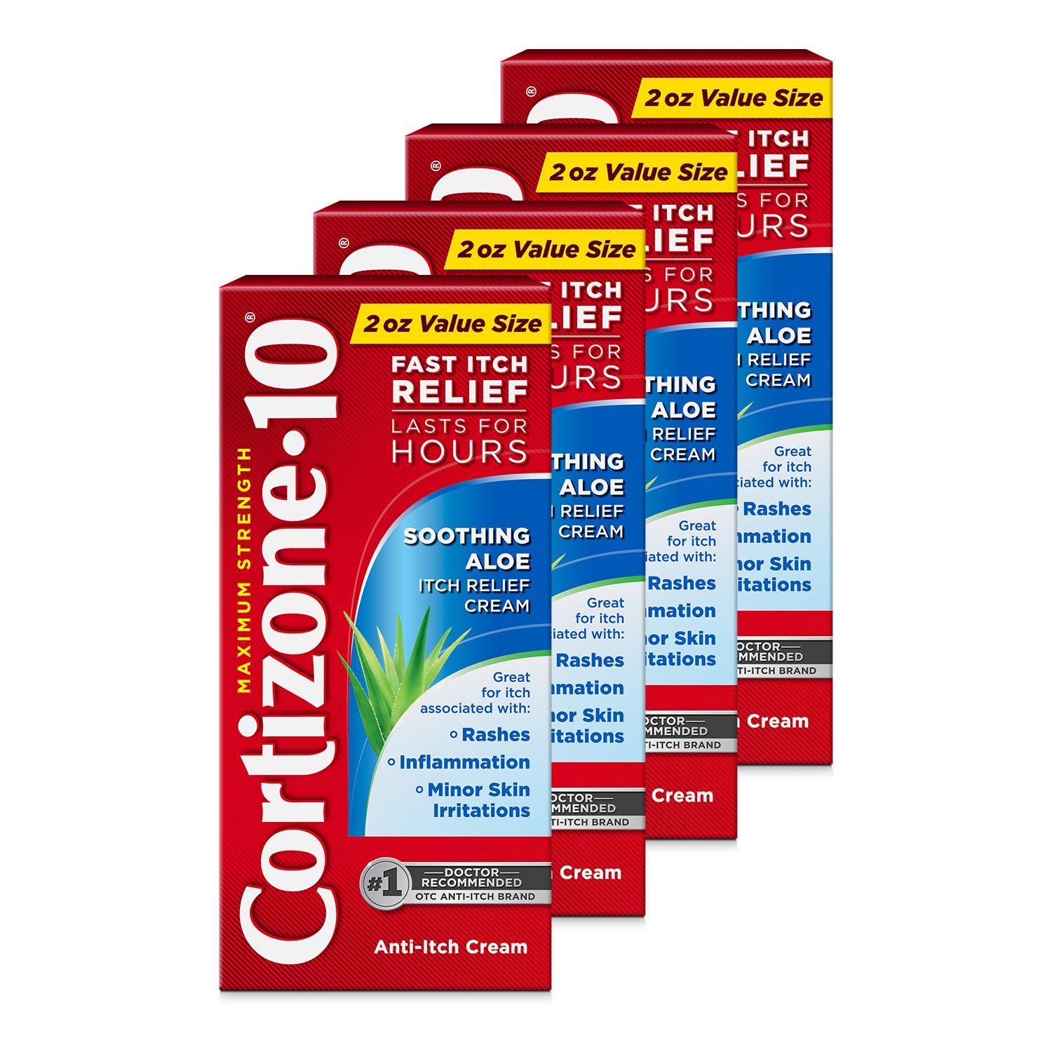 Cortizone-10 Maximum Strength Soothing Aloe Itch Relief Cream, 1% Hydrocortisone, Fast-Acting, Anti-Itch Cream for Bug Bites, Rash, Eczema, Psoriasis, Poison Ivy, Oak, Sumac, 2 oz (Pack of 4) - TrustMedUSA