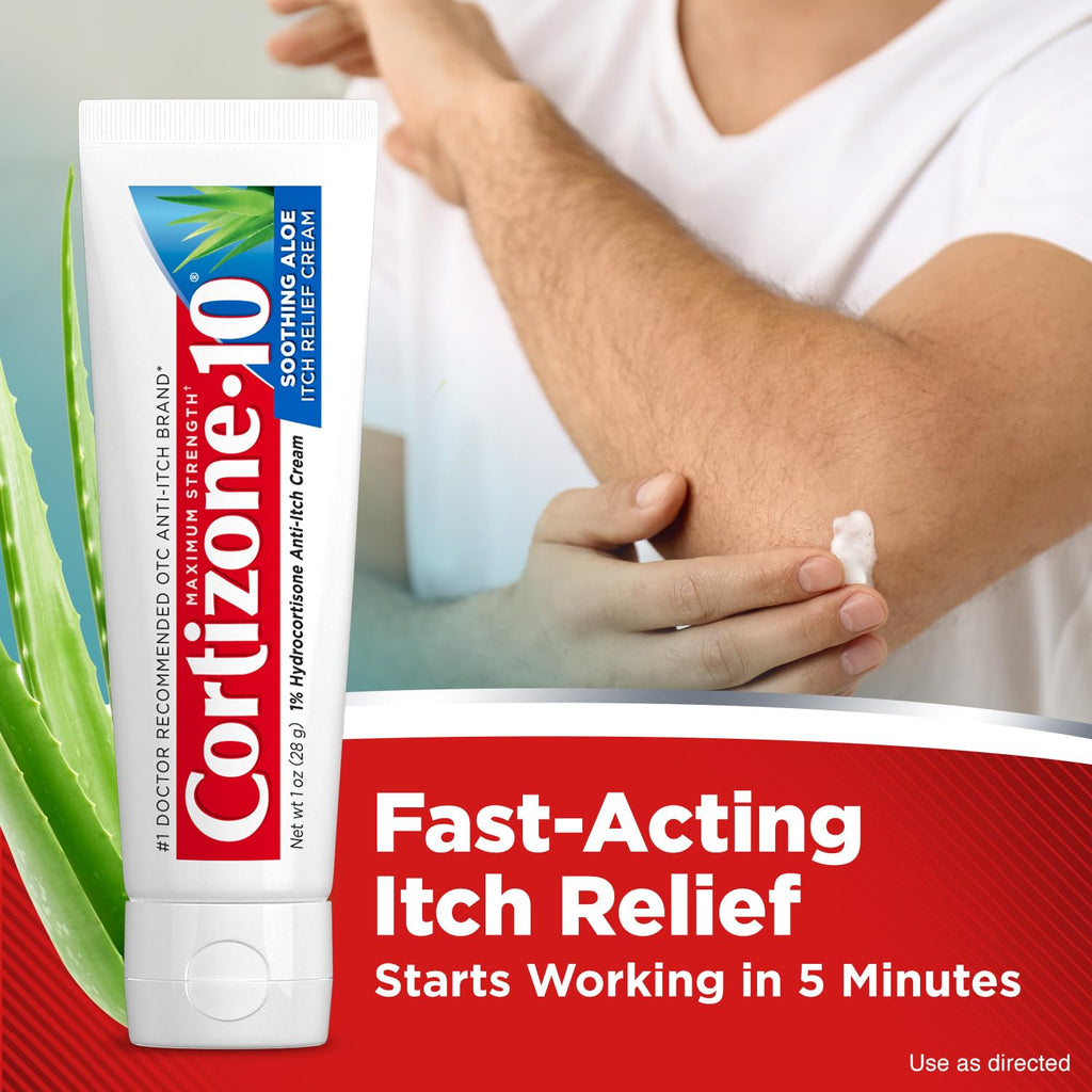 Cortizone-10 Maximum Strength Soothing Aloe Itch Relief Cream, 1% Hydrocortisone, Fast-Acting, Anti-Itch Cream for Bug Bites, Rash, Eczema, Psoriasis, Poison Ivy, Oak, Sumac & More, 1 oz - TrustMedUSA