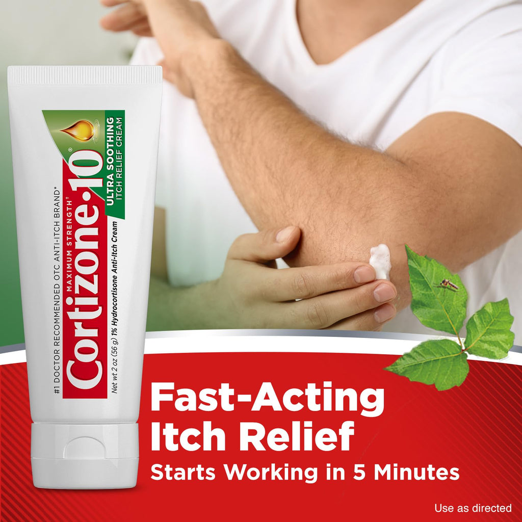 Cortizone-10 Maximum Strength Ultra Soothing Itch Relief Cream, 1% Hydrocortisone, Fast-Acting, Anti-Itch Cream for Bug Bites, Rash, Eczema, Psoriasis, Poison Ivy, Oak, Sumac & More, 2 oz - TrustMedUSA