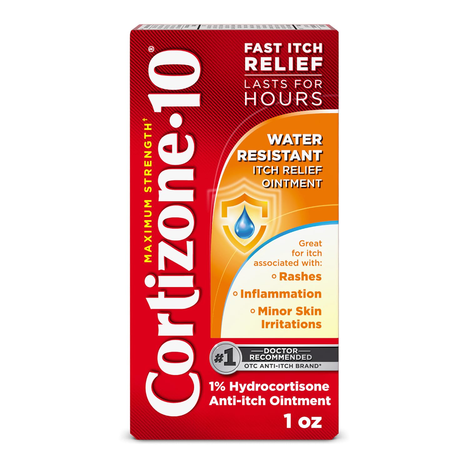 Cortizone-10 Maximum Strength Water Resistant Itch Relief Ointment, 1% Hydrocortisone, Fast-Acting, Anti-Itch Cream for Bug Bites, Rash, Eczema, Psoriasis, Poison Ivy, Oak, Sumac & More, 1 oz - TrustMedUSA
