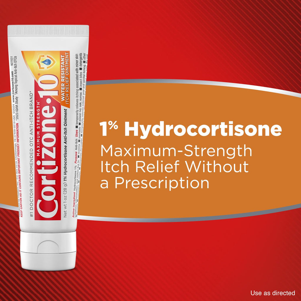 Cortizone-10 Maximum Strength Water Resistant Itch Relief Ointment, 1% Hydrocortisone, Fast-Acting, Anti-Itch Cream for Bug Bites, Rash, Eczema, Psoriasis, Poison Ivy, Oak, Sumac & More, 1 oz - TrustMedUSA