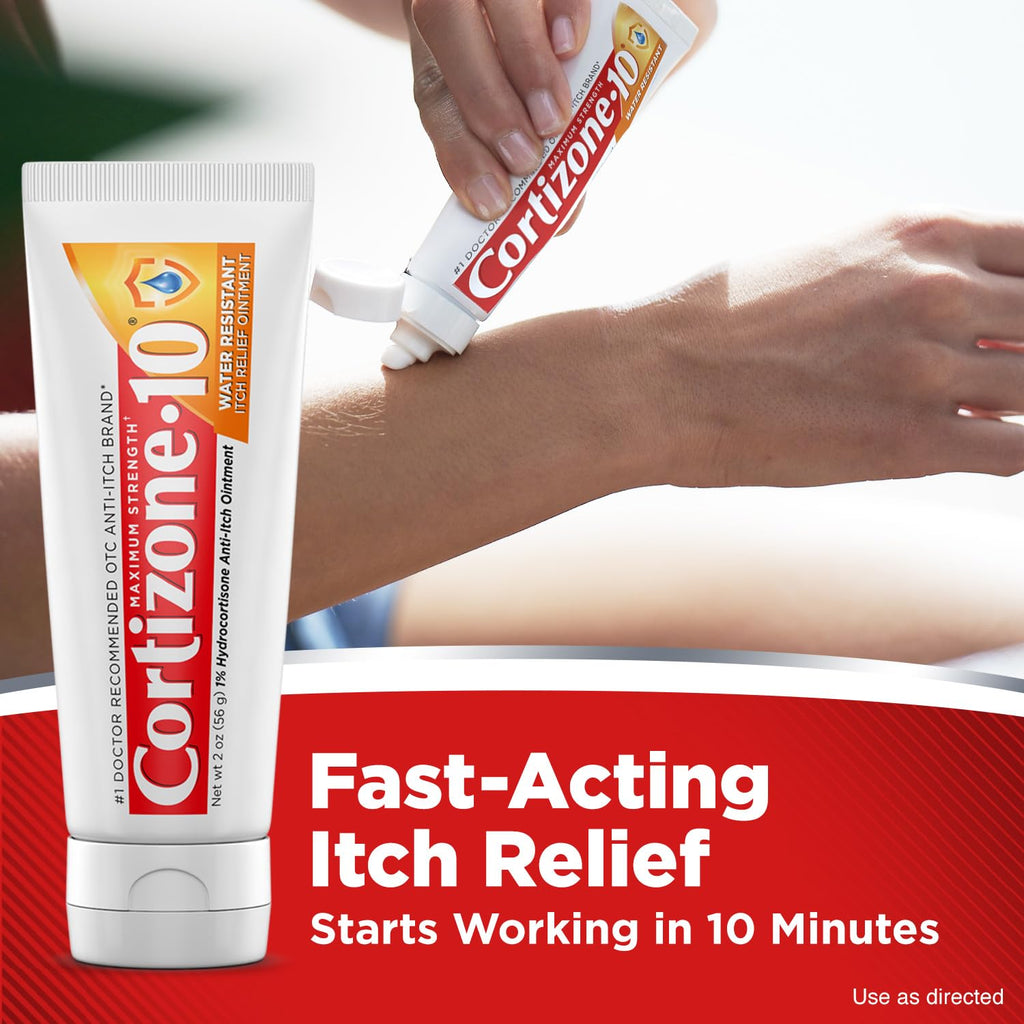 Cortizone-10 Maximum Strength Water Resistant Itch Relief Ointment, 1% Hydrocortisone, Fast-Acting, Anti-Itch Cream for Bug Bites, Rash, Eczema, Psoriasis, Poison Ivy, Oak, Sumac & More, 2 oz - TrustMedUSA