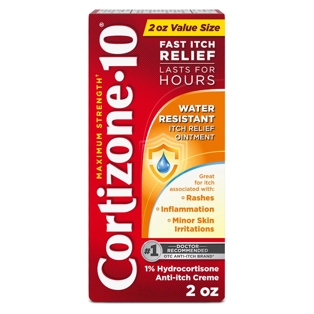Cortizone-10 Maximum Strength Water Resistant Itch Relief Ointment, 1% Hydrocortisone, Fast-Acting, Anti-Itch Cream for Bug Bites, Rash, Eczema, Psoriasis, Poison Ivy, Oak, Sumac & More, 2 oz - TrustMedUSA