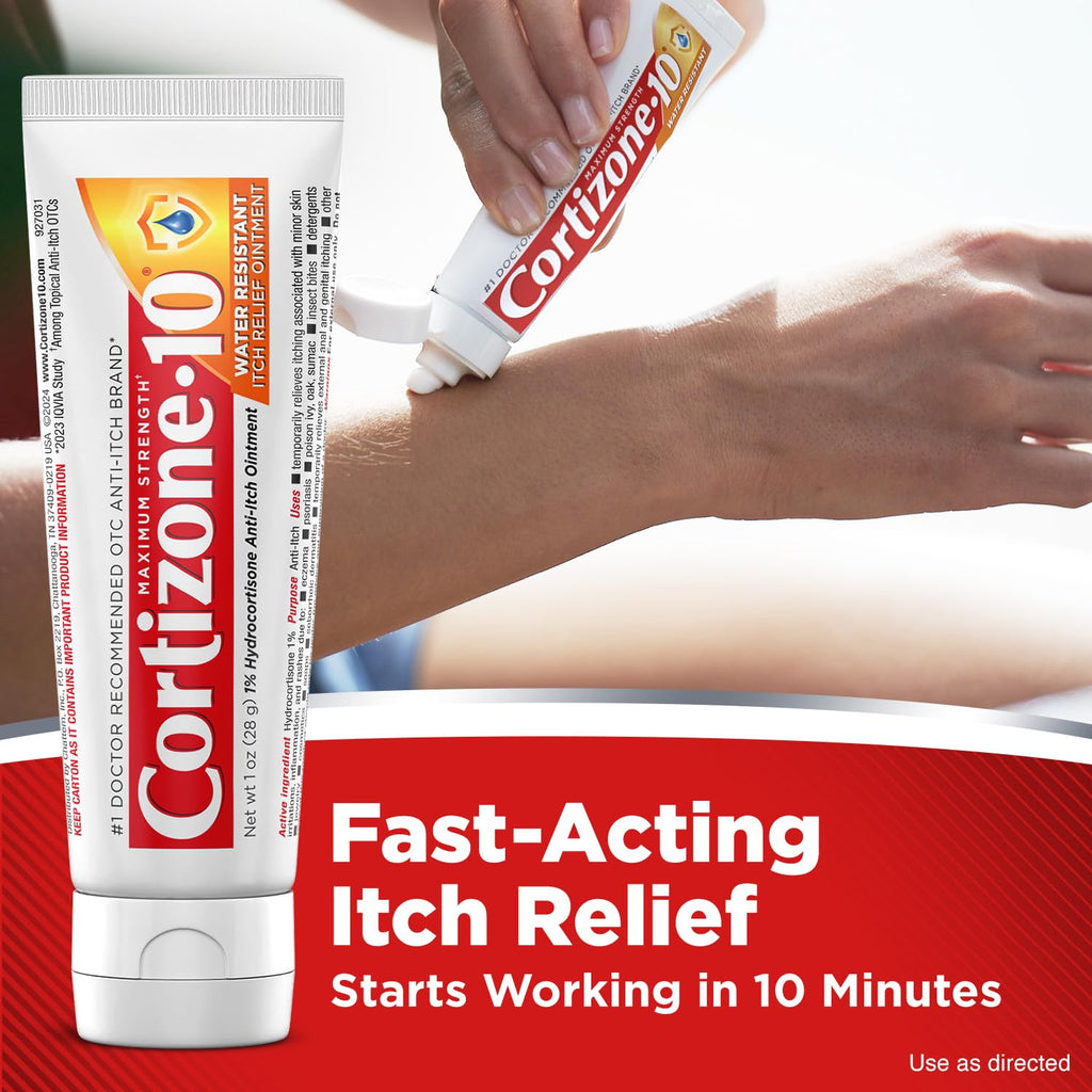 Cortizone-10 Maximum Strength Water Resistant Itch Relief Ointment, 1% Hydrocortisone, Fast-Acting, Anti-Itch Cream for Bug Bites, Rash, Eczema, Psoriasis, Poison Ivy, Oak, Sumac & More, 1 oz - TrustMedUSA