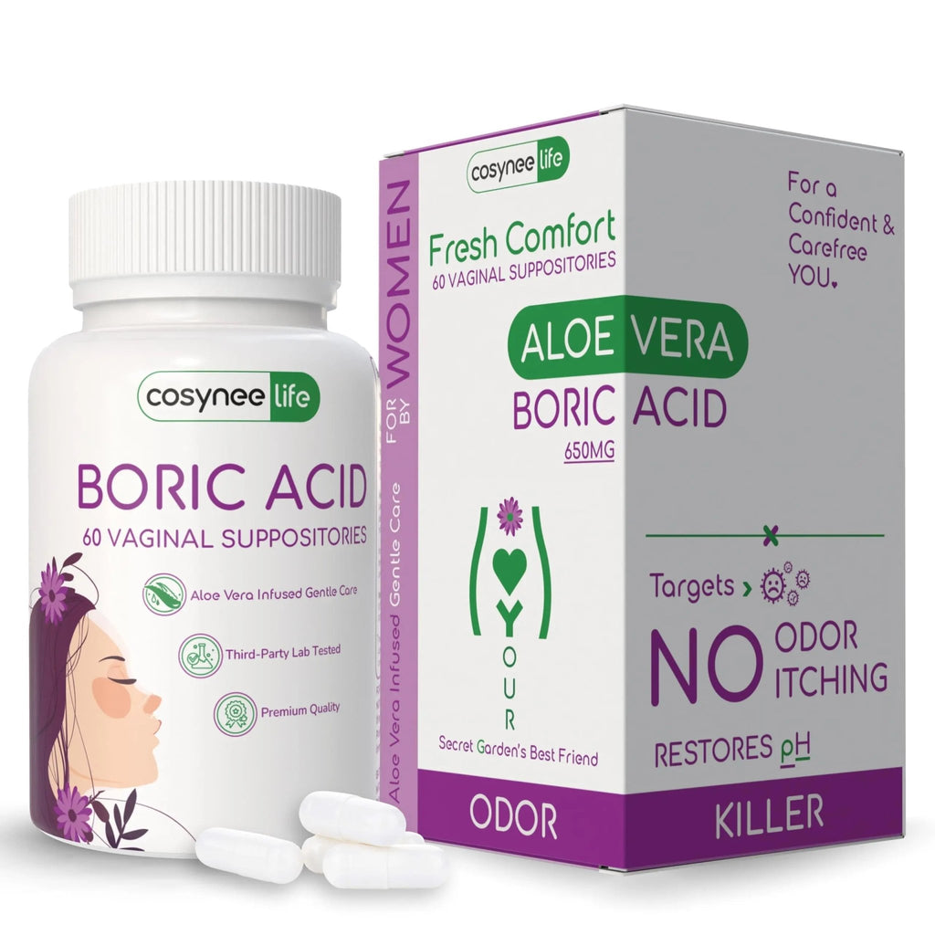 cosynee Boric Acid Capsules for Women with Aloe Vera – 60 Capsules, 650mg Each – Feminine Hygiene Support - TrustMedUSA