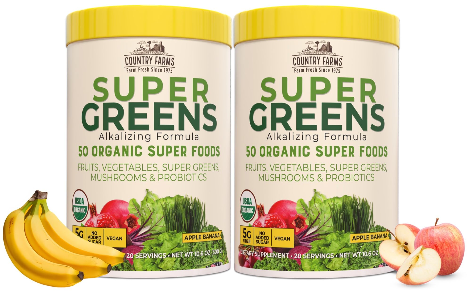 Country Farms Super Greens Apple Banana Powder Smoothie, Organic Super Foods, USDA Organic Drink Mix, Fruits, Vegetables, Mushrooms, Superfood Nutrition, 40 Servings, 2 Pack - TrustMedUSA
