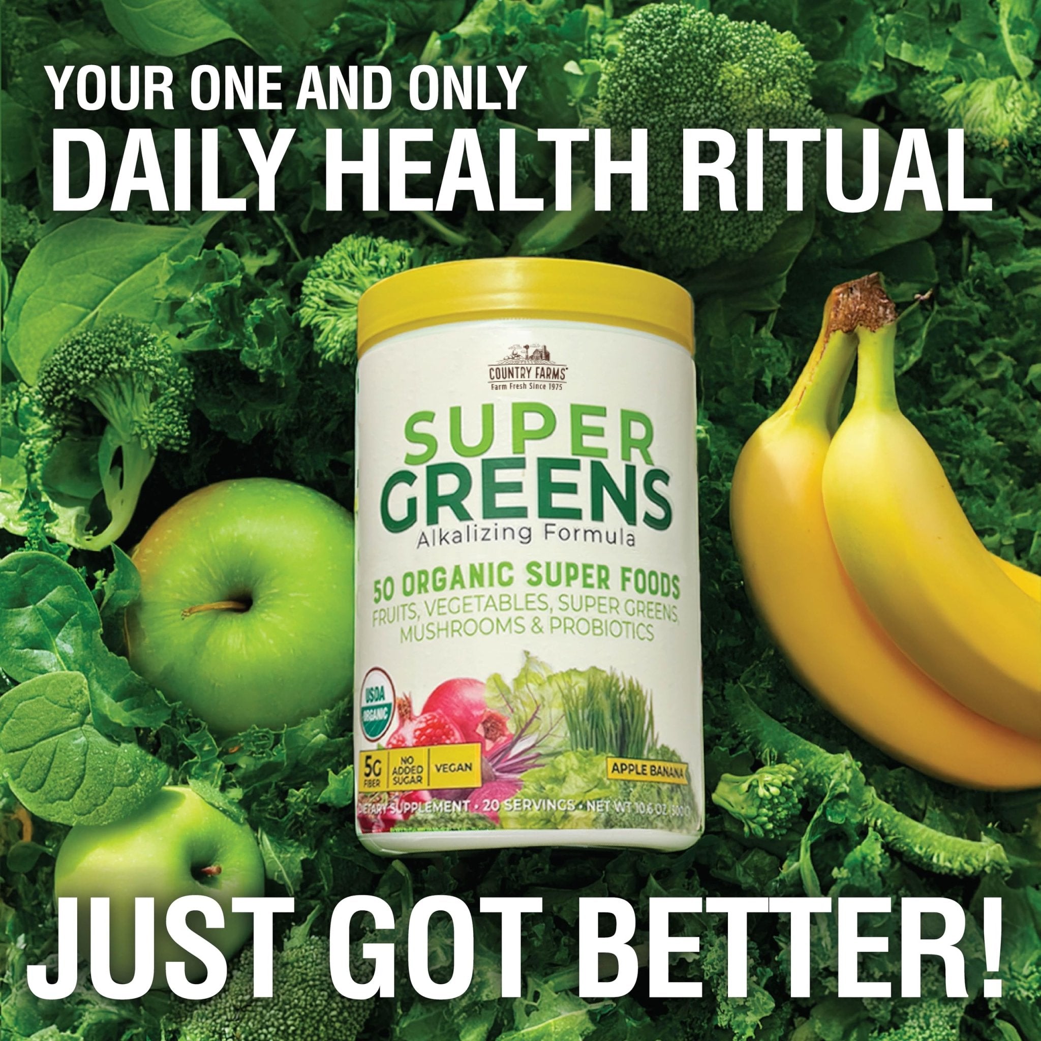 Country Farms Super Greens Apple Banana Powder Smoothie, Organic Super Foods, USDA Organic Drink Mix, Fruits, Vegetables, Mushrooms, Superfood Nutrition, 40 Servings, 2 Pack - TrustMedUSA
