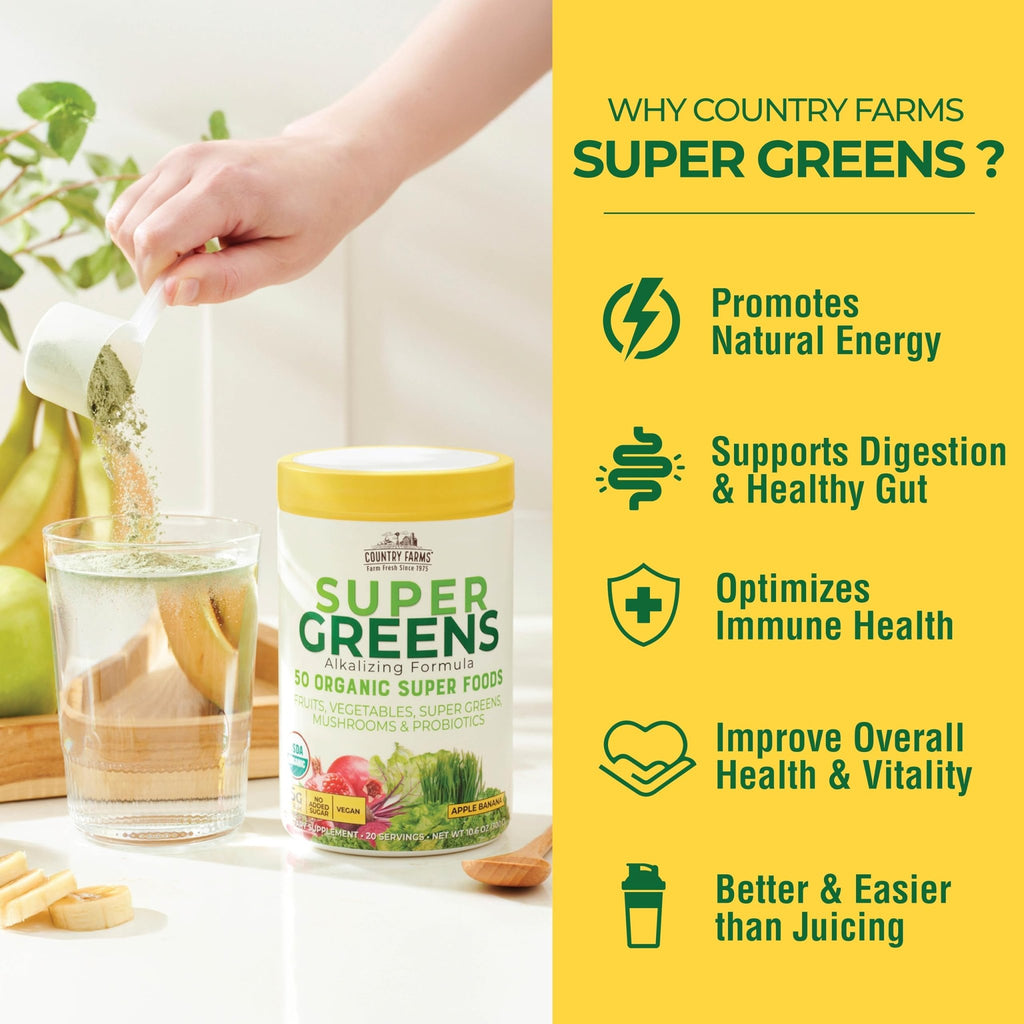 Country Farms Super Greens Apple Banana Powder Smoothie, Organic Super Foods, USDA Organic Drink Mix, Fruits, Vegetables, Mushrooms, Superfood Nutrition, 40 Servings, 2 Pack - TrustMedUSA