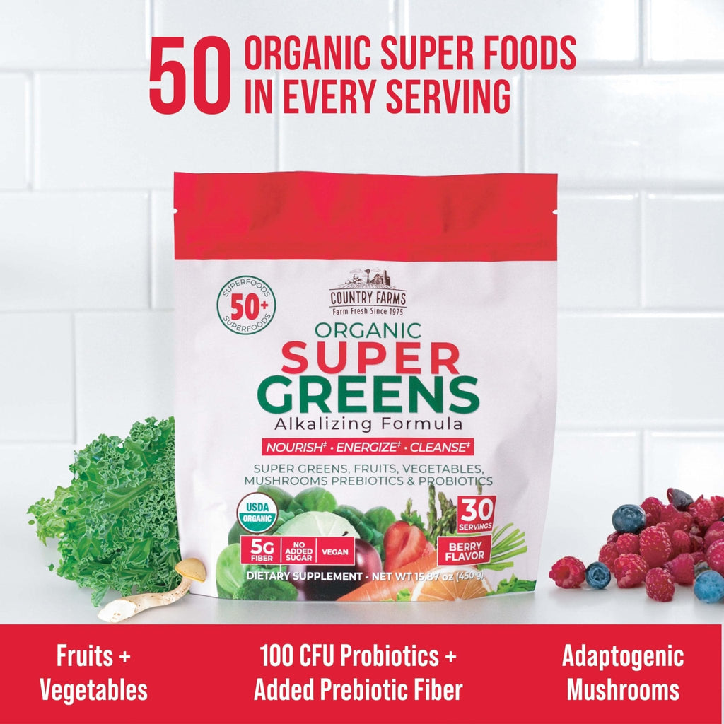 Country Farms Super Greens Berry Flavor, 50 Organic Super Foods, USDA Organic Drink Mix (Wheat Grass, Spirulina, Chlorella) Mushrooms & Probiotics, with Fiber, Gut Health, Natural Energy, 30 Servings - Maple Wellness Supplements