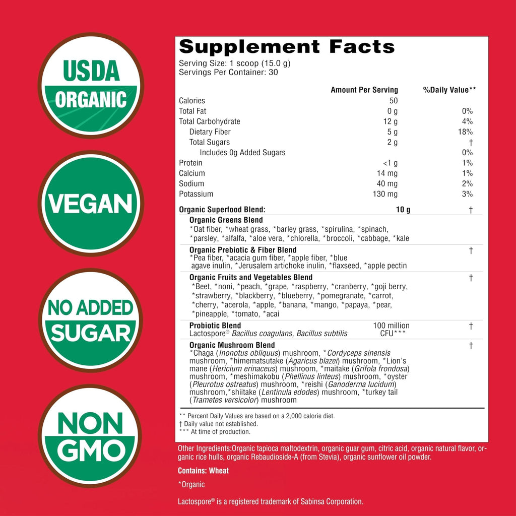 Country Farms Super Greens Berry Flavor, 50 Organic Super Foods, USDA Organic Drink Mix (Wheat Grass, Spirulina, Chlorella) Mushrooms & Probiotics, with Fiber, Gut Health, Natural Energy, 30 Servings - Maple Wellness Supplements